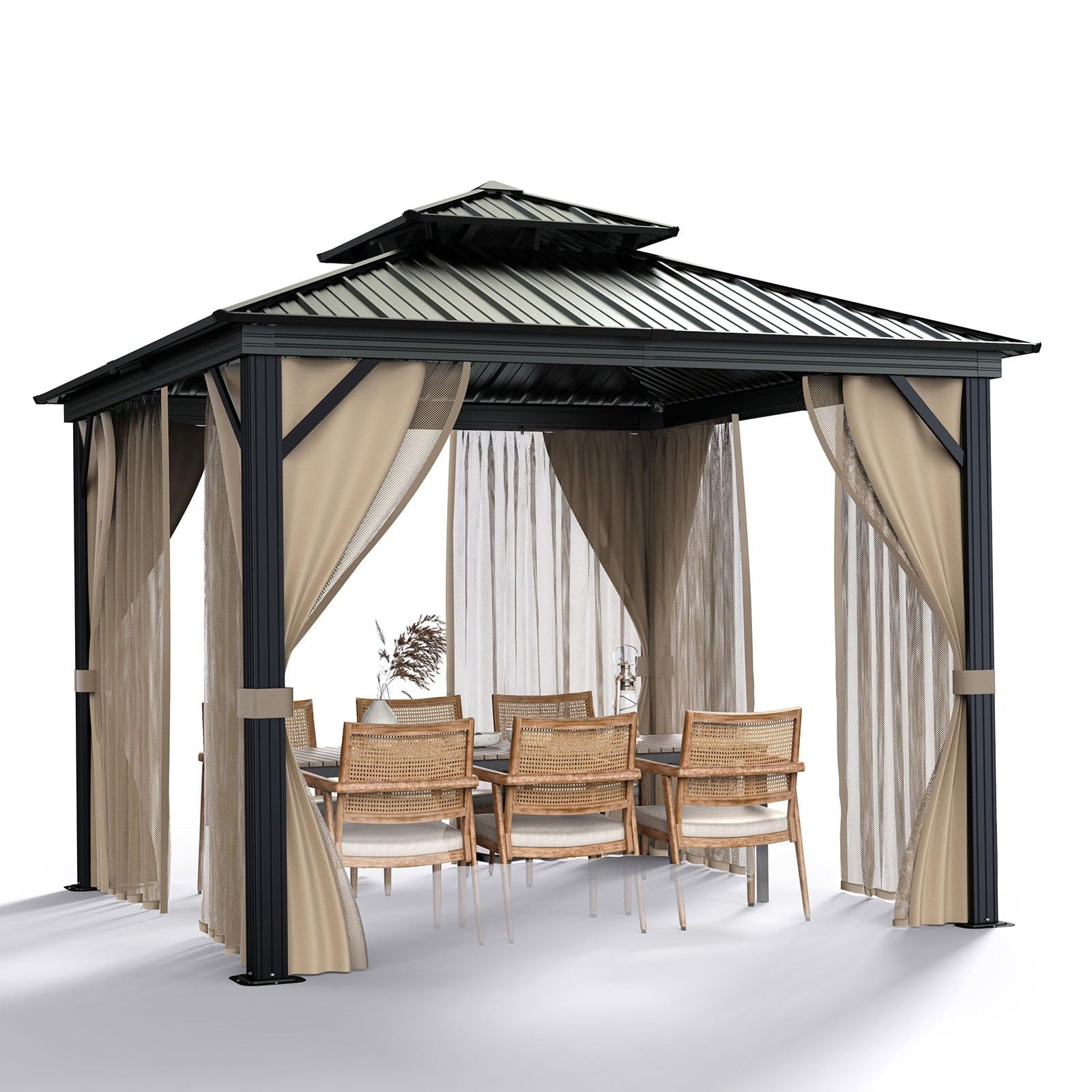 Garvee 10'x10' Hardtop Gazebo with Double Metal Roof Aluminum Frame, Net & Curtain, All-Weather Patio Shelter for Deck, Garden & Backyard, Khaki