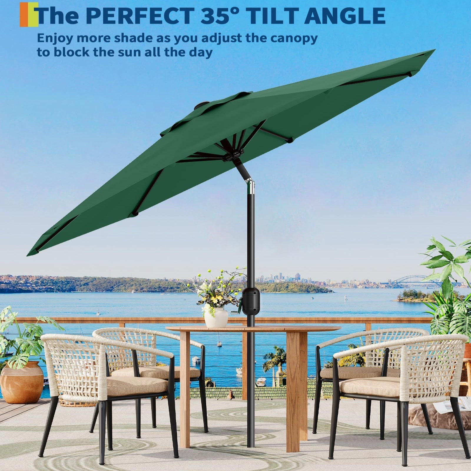 Garvee 9 ft Outdoor Patio Umbrella with 8 Sturdy Ribs, Crank Lift, Push-Button Tilt & UV-Resistant Waterproof Canopy for Pool, Deck, Yard & Garden, Dark Green