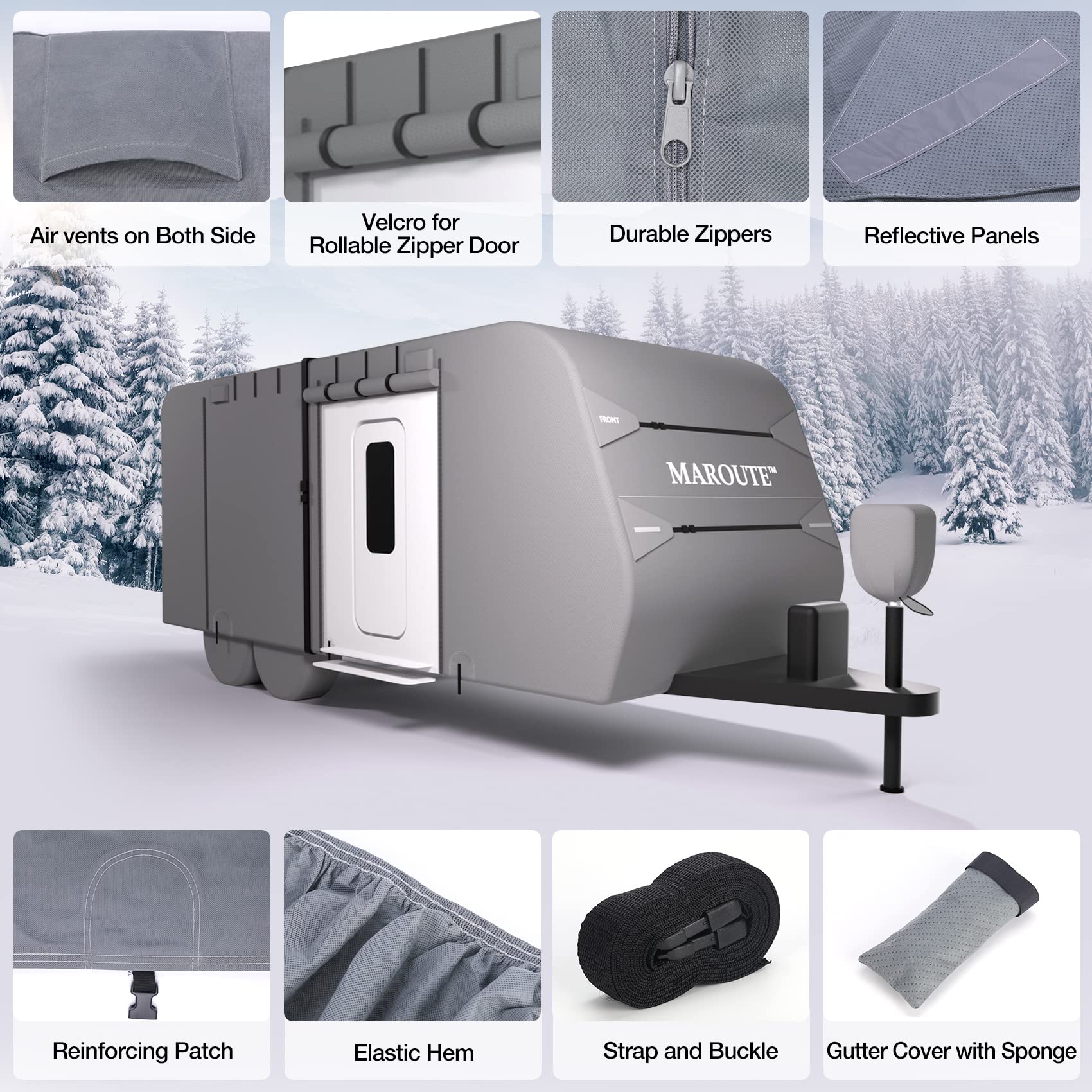 Garvee Travel Trailer Cover 24-27FT, 7-Layer Waterproof, Breathable, Windproof, Tear-Resistant, UV Protection, with Gutter, Tire & Jack Covers, Gray