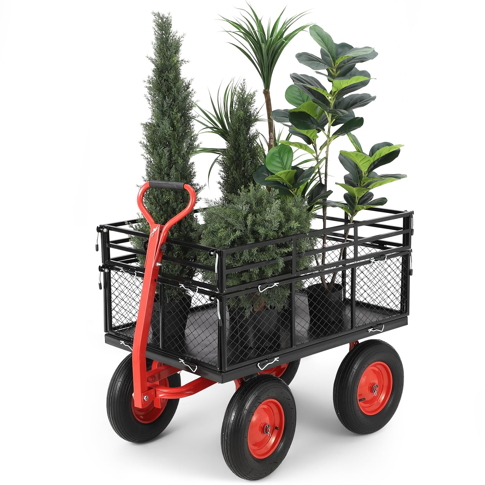 Garvee 1400lbs Steel Garden Cart - Heavy Duty Yard & Garden Wagon with Removable Mesh Sides, 2-in-1 Rotating Handle & 16" All-Terrain Wheels for Farm & Yard