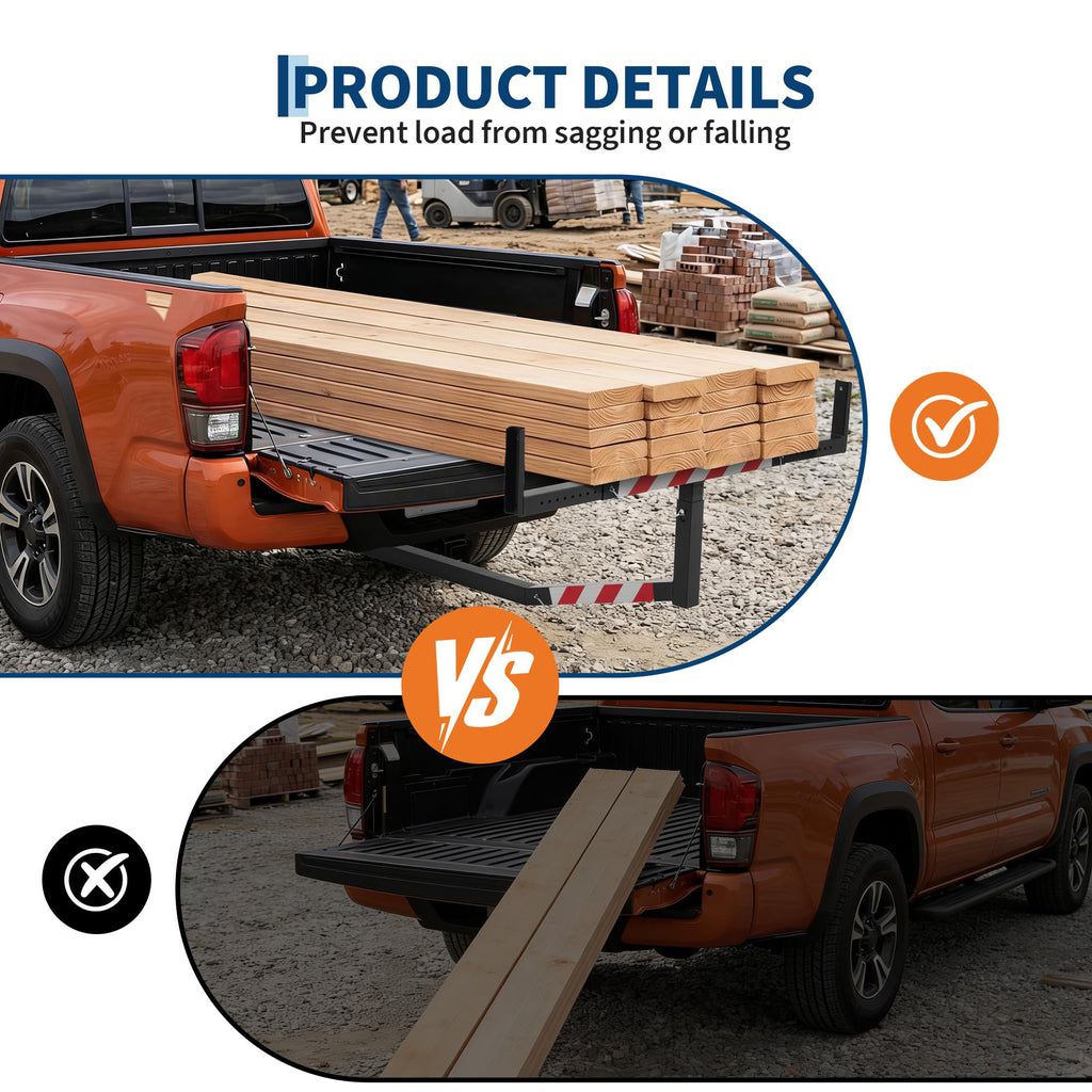 Garvee Adjustable 750 Lbs Hitch Mount Truck Bed Extender - Heavy Duty Steel, Foldable Pickup Rack for Kayak, Ladder, Lumber, Black