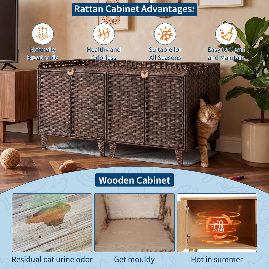 Garvee Cat Litter Box Enclosure Furniture Handwoven Rattan Hidden Cat Washroom Large Space Living Room Bedroom Brown