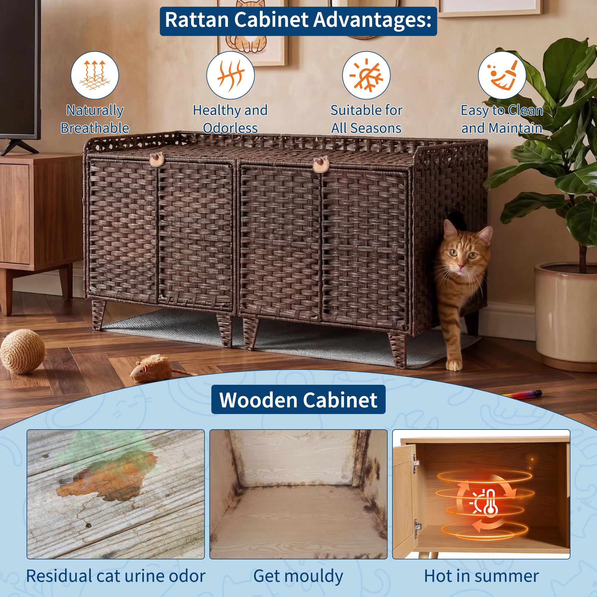 Garvee Cat Litter Box Enclosure Furniture Handwoven Rattan Hidden Cat Washroom Large Space Living Room Bedroom Brown