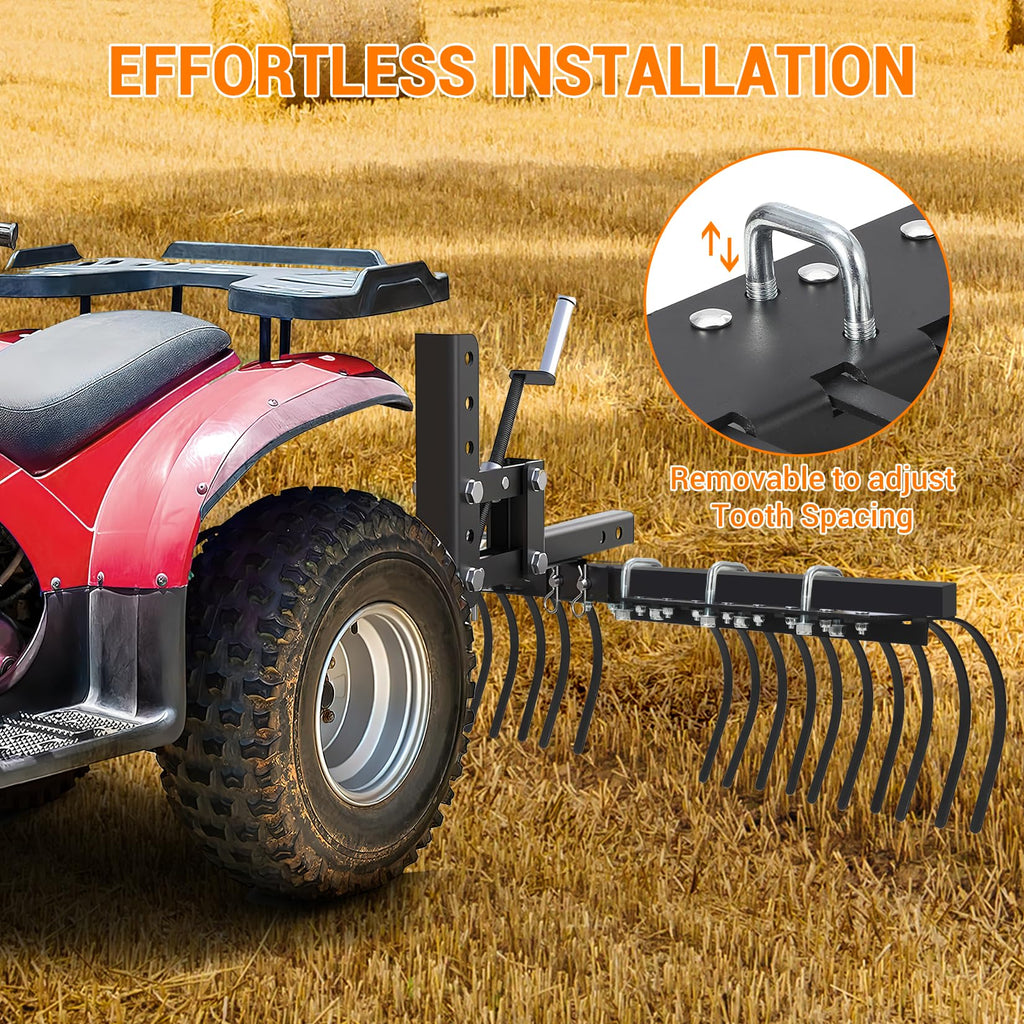 Garvee 60 Inch Landscape Rake Fits for Tractor/ATV/UTV, Heavy Duty Rock Rake 20 Tines, Pine Straw Rake for Removal of Rock, Grass Clumps and Debris, Prep for Seeding, Black