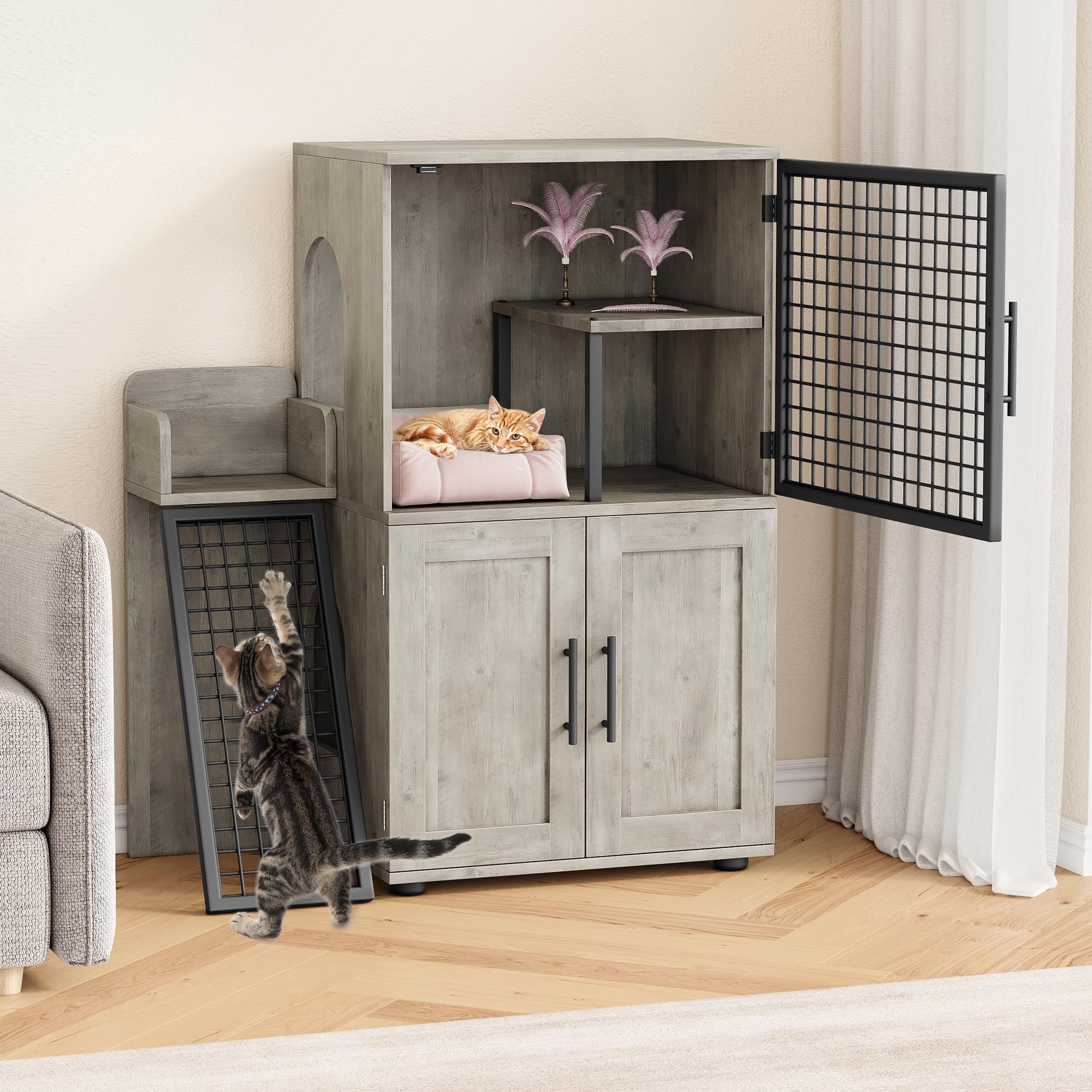 Garvee Modern Villa Cat Litter Box Enclosure with Platform, Double Layer, MDF Panel, Ladder, Hidden Washroom, 33.5"L x 17.9"W x 41.9"H, Light Grey, Indoor Use