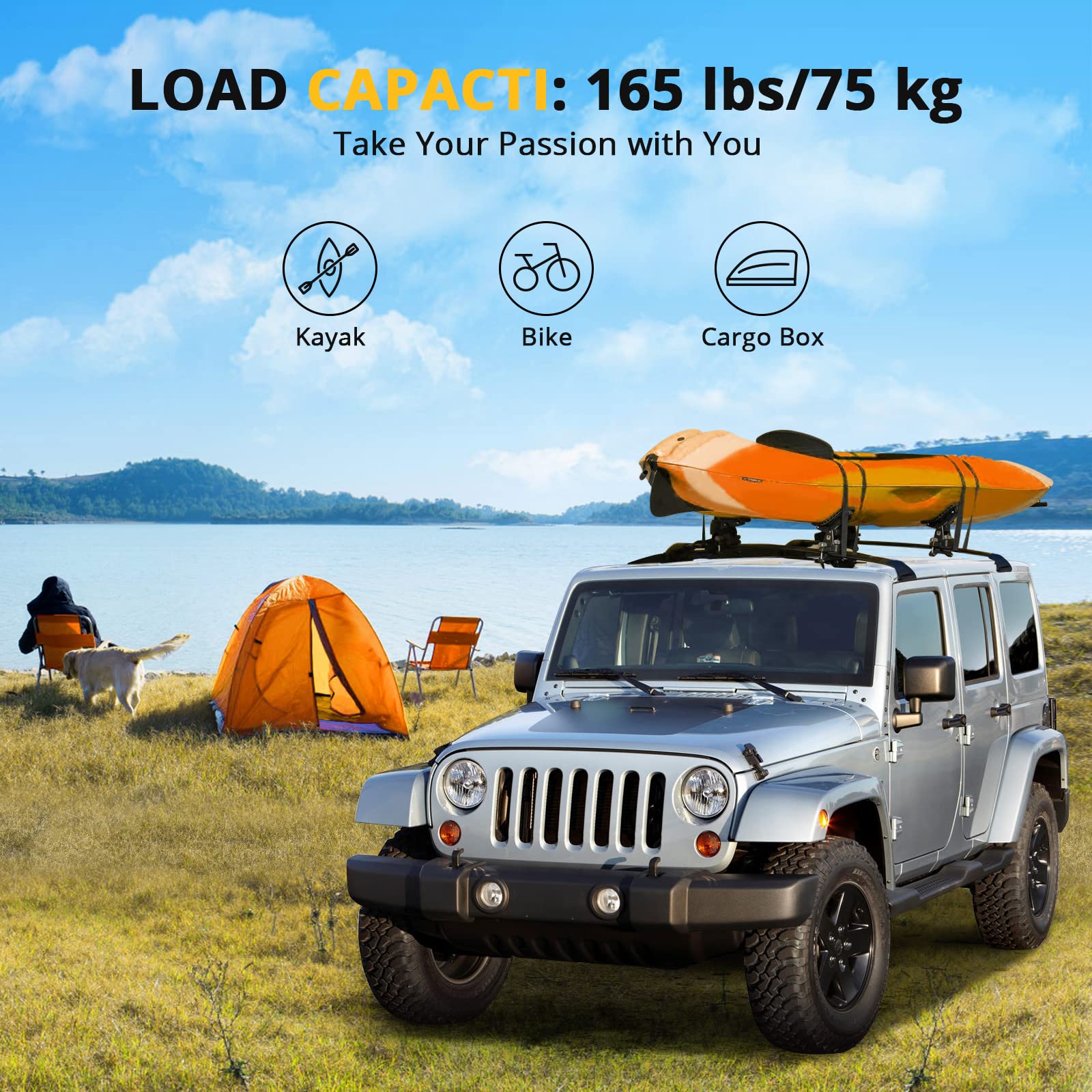 Garvee Adjustable 20-54" Roof Cross Bar, Fits Without Grooved Rails
