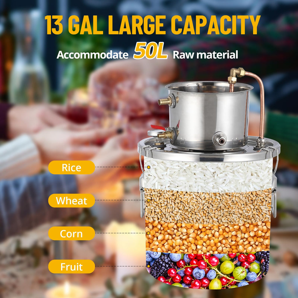 Garvee 13Gal Alcohol Distiller Spirits Kit with Circulating Pump Copper Tube Dual Display Thermometer Home Brew Wine Making Kit Stainless Steel
