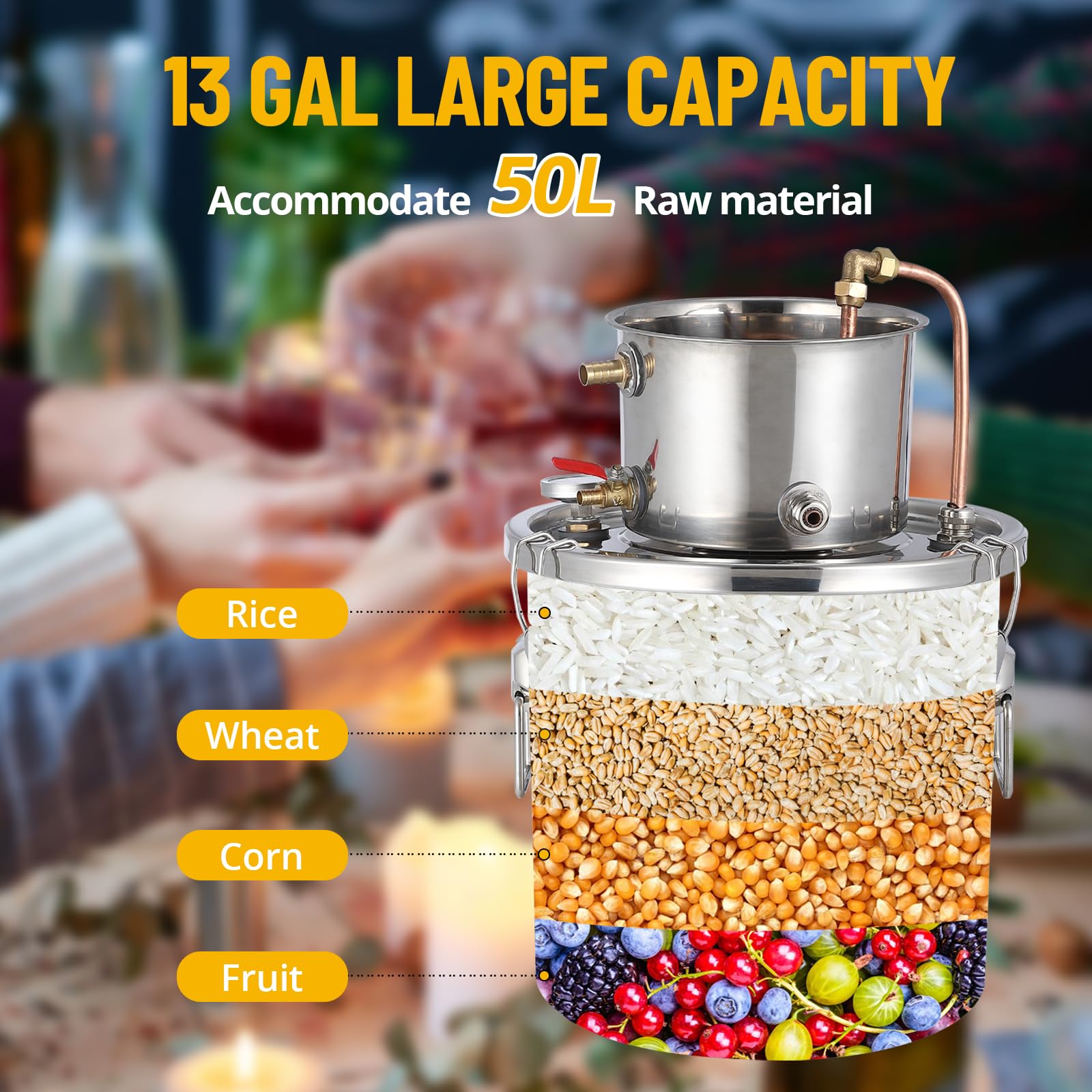 Garvee 13Gal Alcohol Distiller Spirits Kit with Circulating Pump Copper Tube Dual Display Thermometer Home Brew Wine Making Kit Stainless Steel