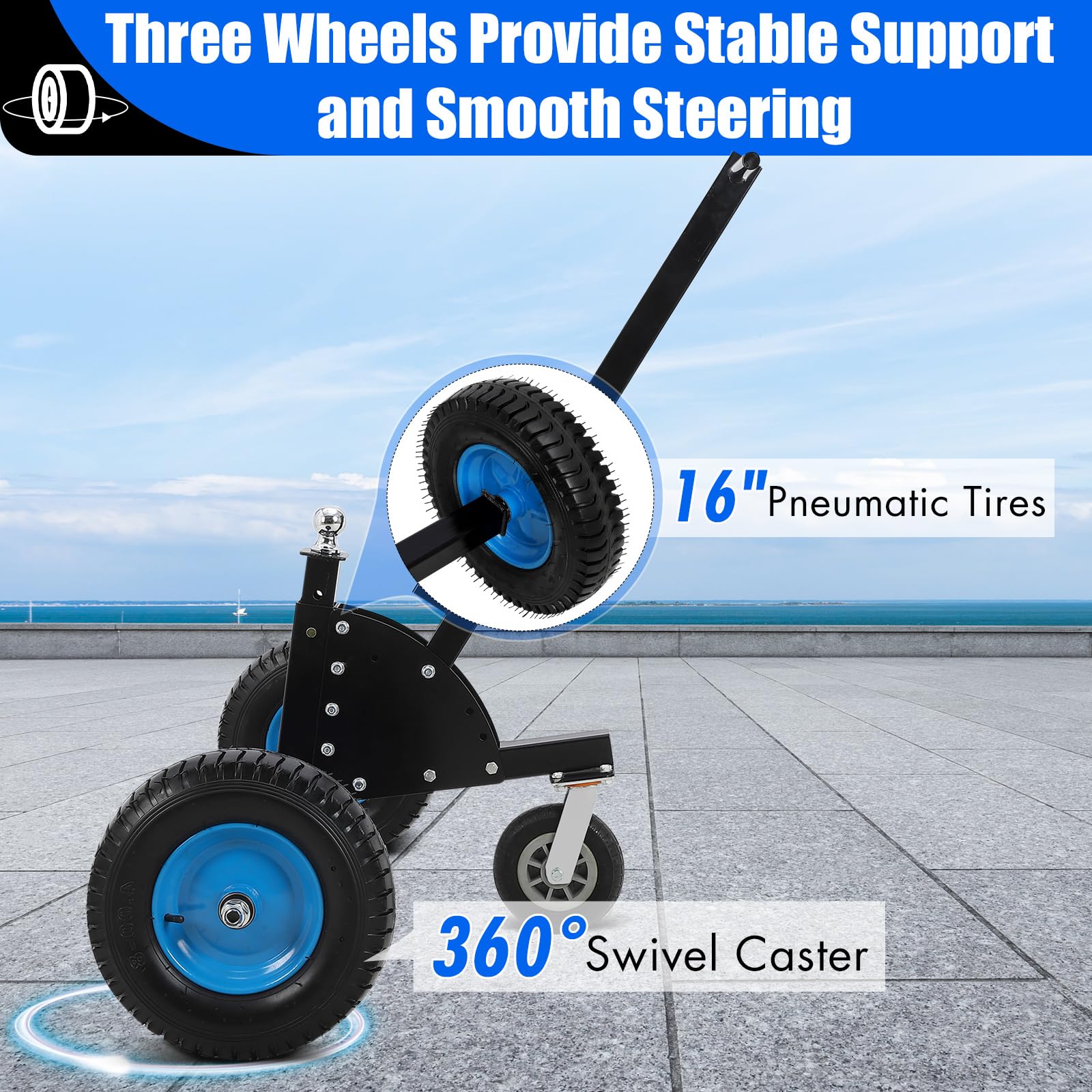 Garvee Adjustable Trailer Dolly 1500 lbs Load Capacity, Utility Trailer Mover Dolly with Adjustable Height & 2 Inch Ball,Pneumatic Tires & 3 Universal Wheel, Carbon Steel Trailer, Multiple-uses