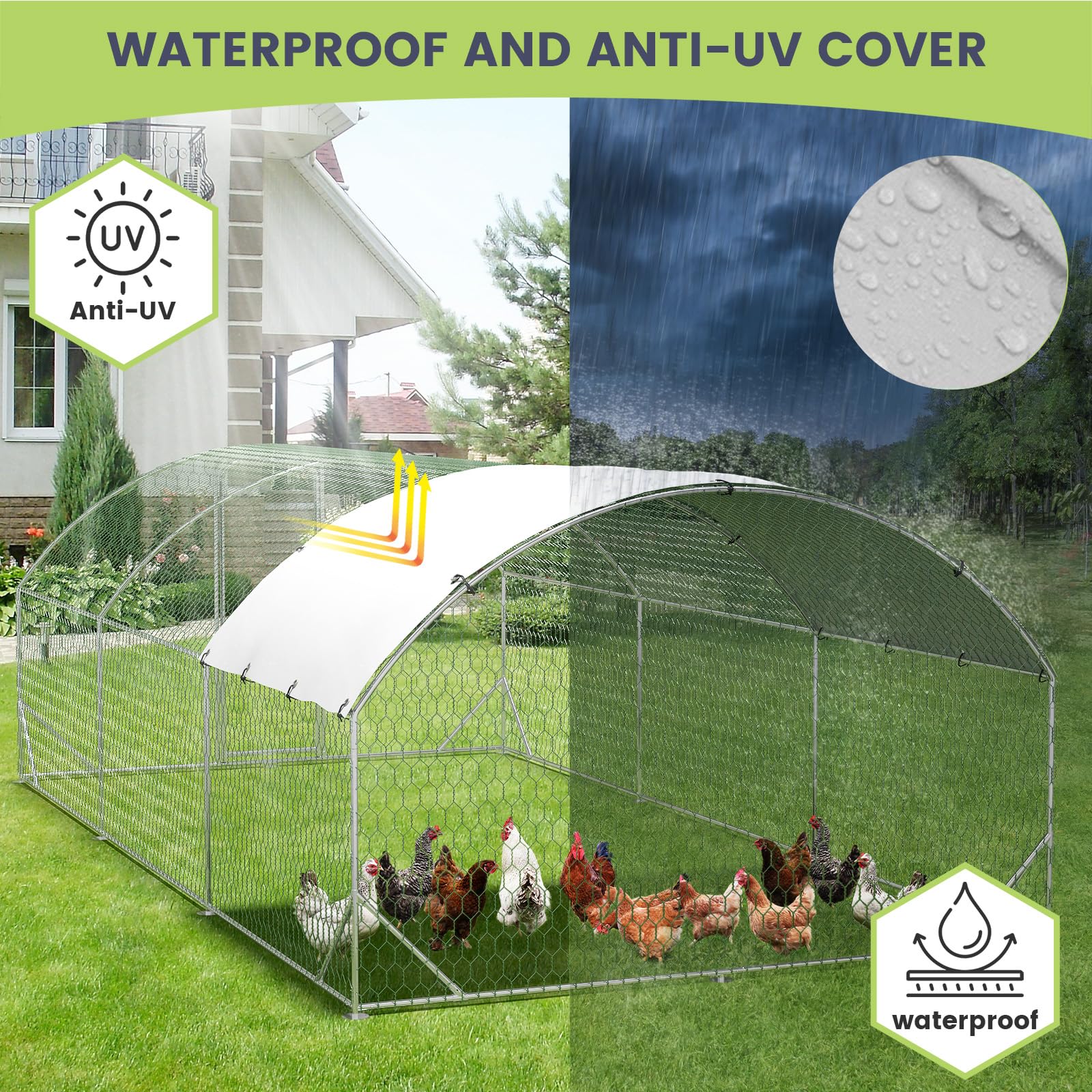 Garvee Large Metal Chicken Coop, Dome Shape Chicken Coop with Upgrade Tri-Supporting, Chicken Coop Run with Waterproof and Anti-UV Cover (19.7'L x 9.8'W x 6.6'H)