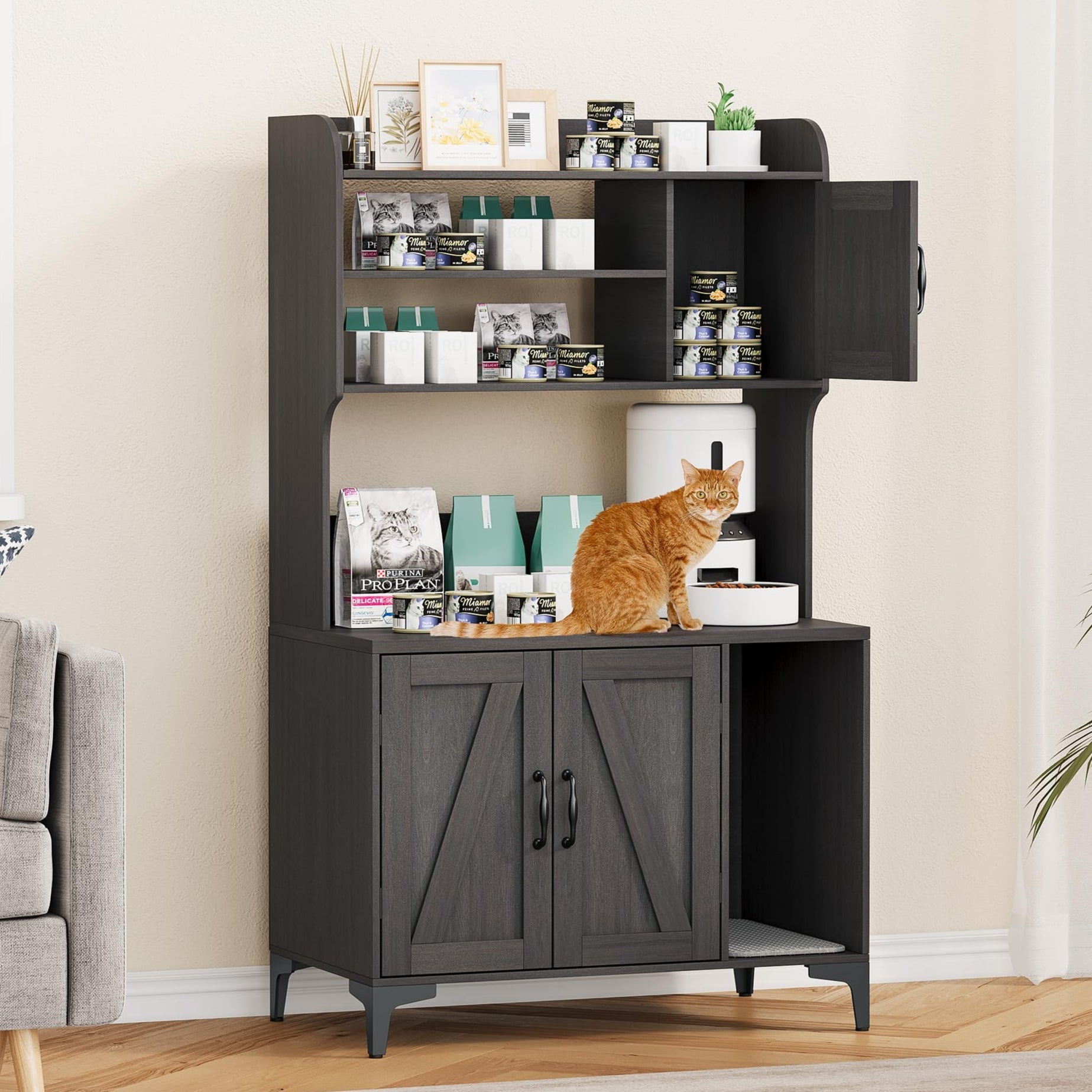 Garvee Cat Litter Box Enclosure, Modern Hidden Cat Litter Box Furniture with 4-Tier Storage Shelves, 2 Cabinets, Cat Litter Mat, Large Wood Indoor Cat House Furniture for Home, Walnut Wood