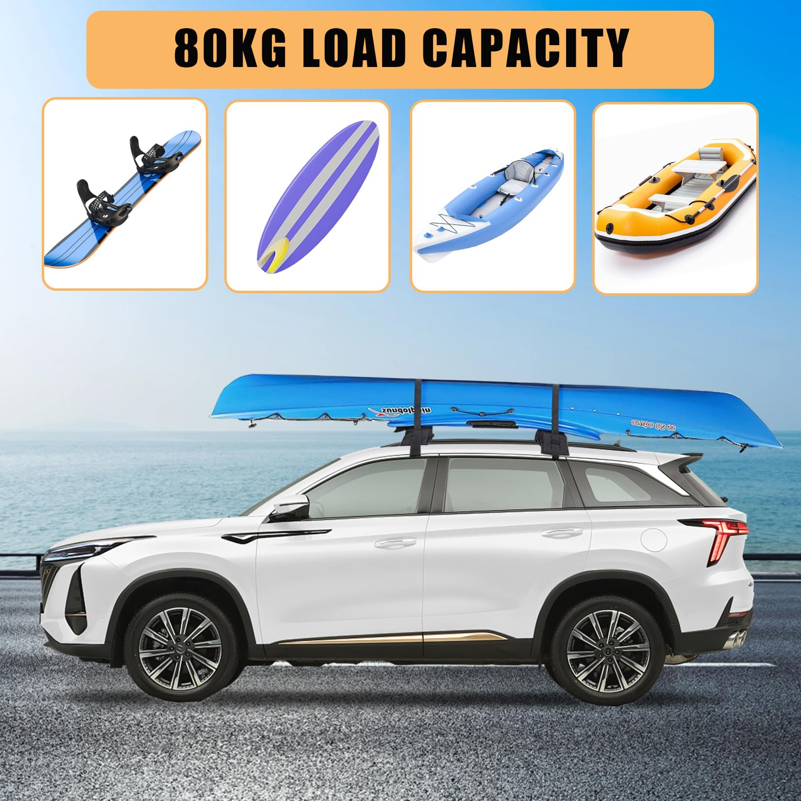 Garvee Soft Roof Rack Pads with Tie Down Straps for Surfboard Kayak Canoe Universal Car Roof Racks System Heavy Duty Black