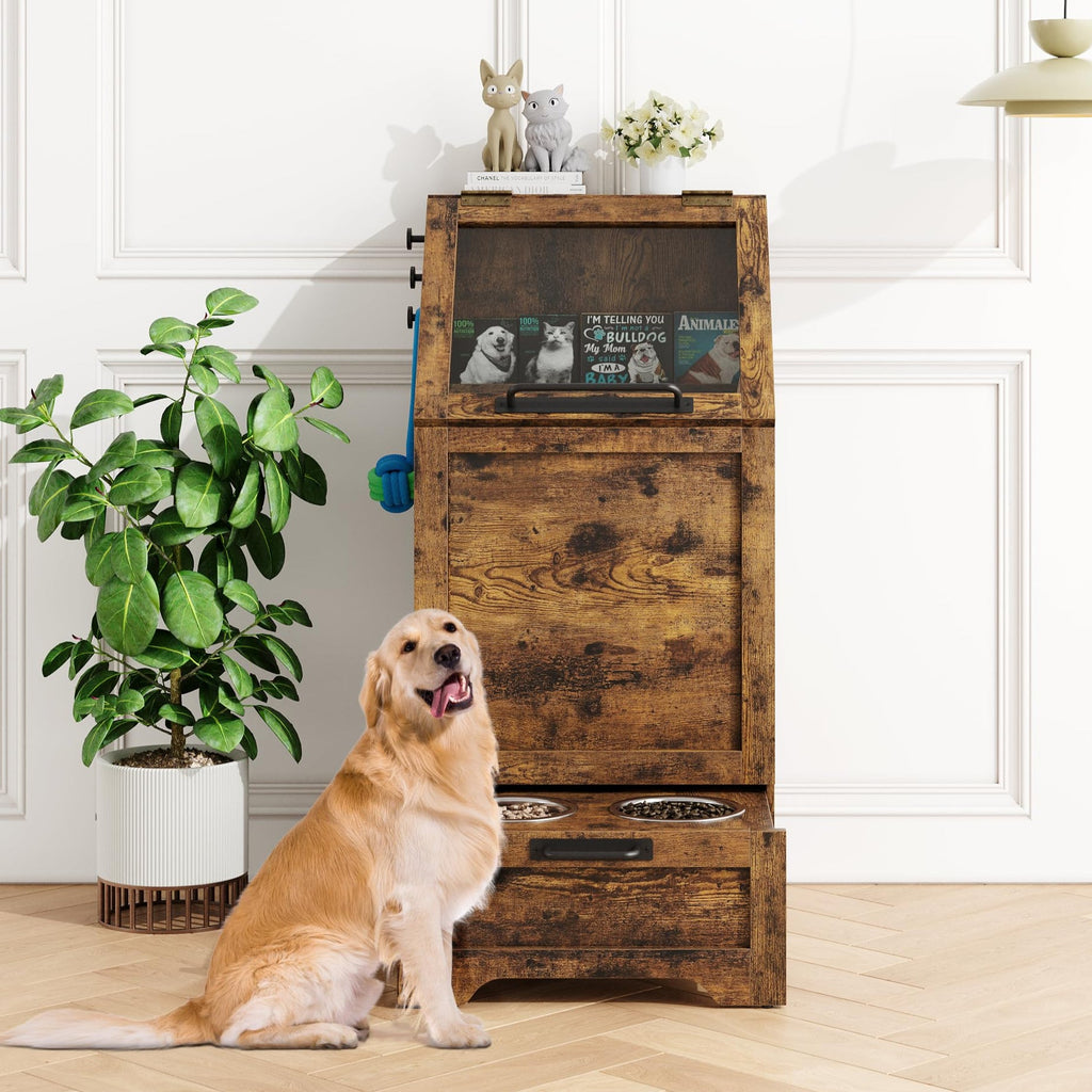 Garvee Pet Food Cabinet with 2 Elevated Bowls, Dog Feeding Station, Brown, Ample Storage, Concealed Feeder, Flip-Top Design