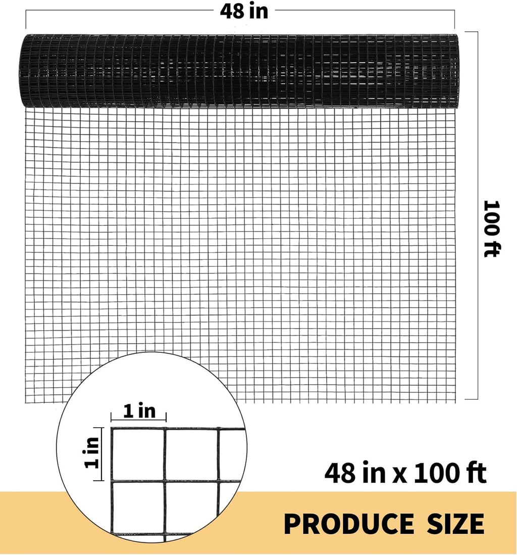 Garvee Black Hardware Cloth 15 Gauge 48" x 100' Vinyl Coated and Galvanized Alloy Steel Wire Mesh Roll, 1:1 inch Chicken Wire Fencing Mesh, Wire Fence Roll for Garden Pet/Poultry Enclosures Protection