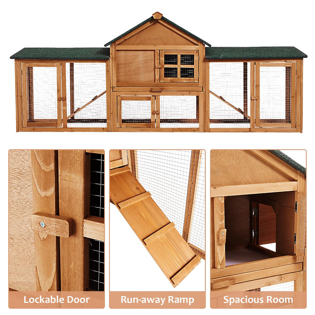 Garvee 80in Wooden Rabbit Hutch, 2-Level Small Animal House with Double Side Runs, Weatherproof Roof, Removable Tray & Ramps for Rabbits, Guinea Pigs, Quails & Bantam Chickens