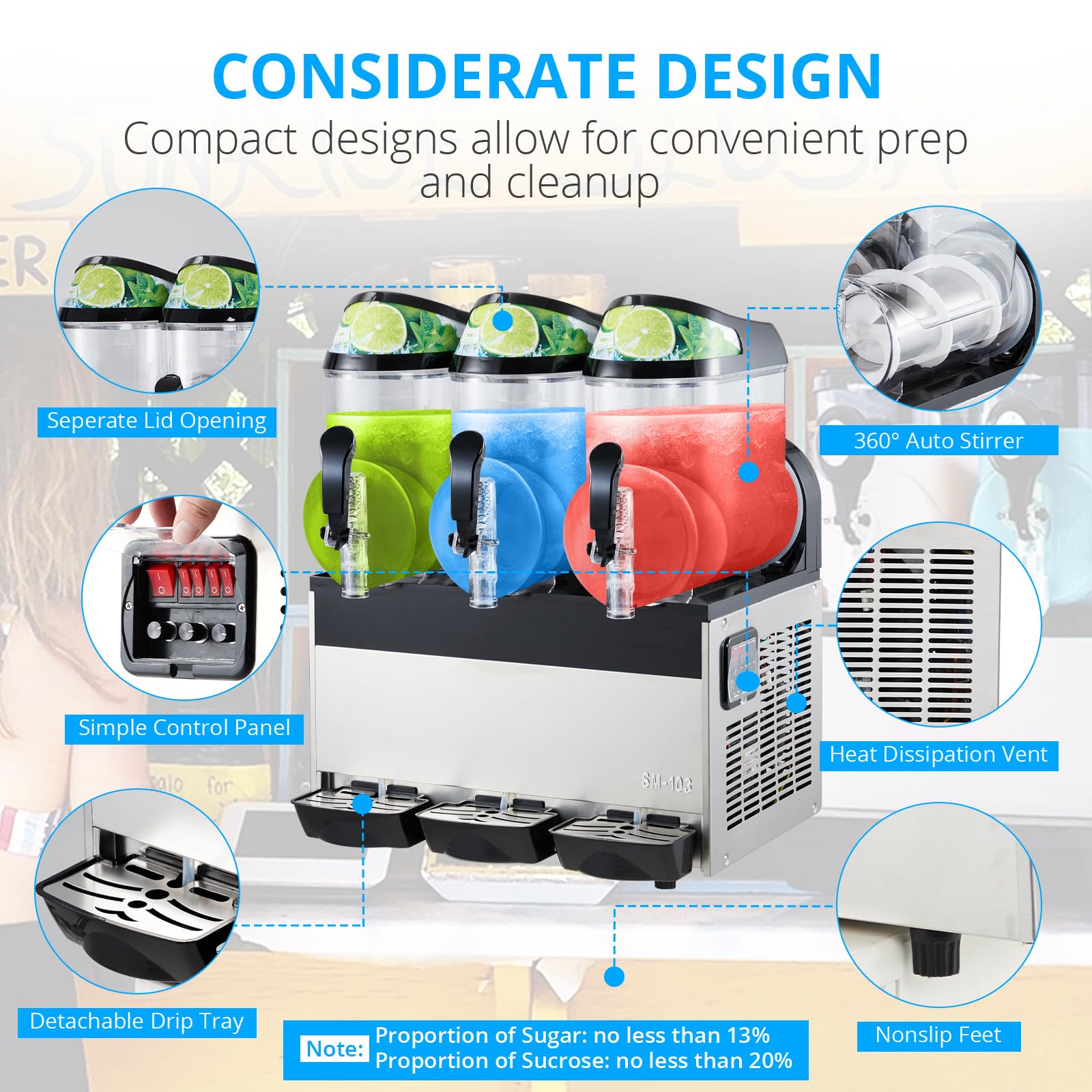 Garvee Commercial Slushy Machine 45L (15L x3) 600W – Stainless Steel & Food-Grade PC Tanks for Restaurants, Bars, Events