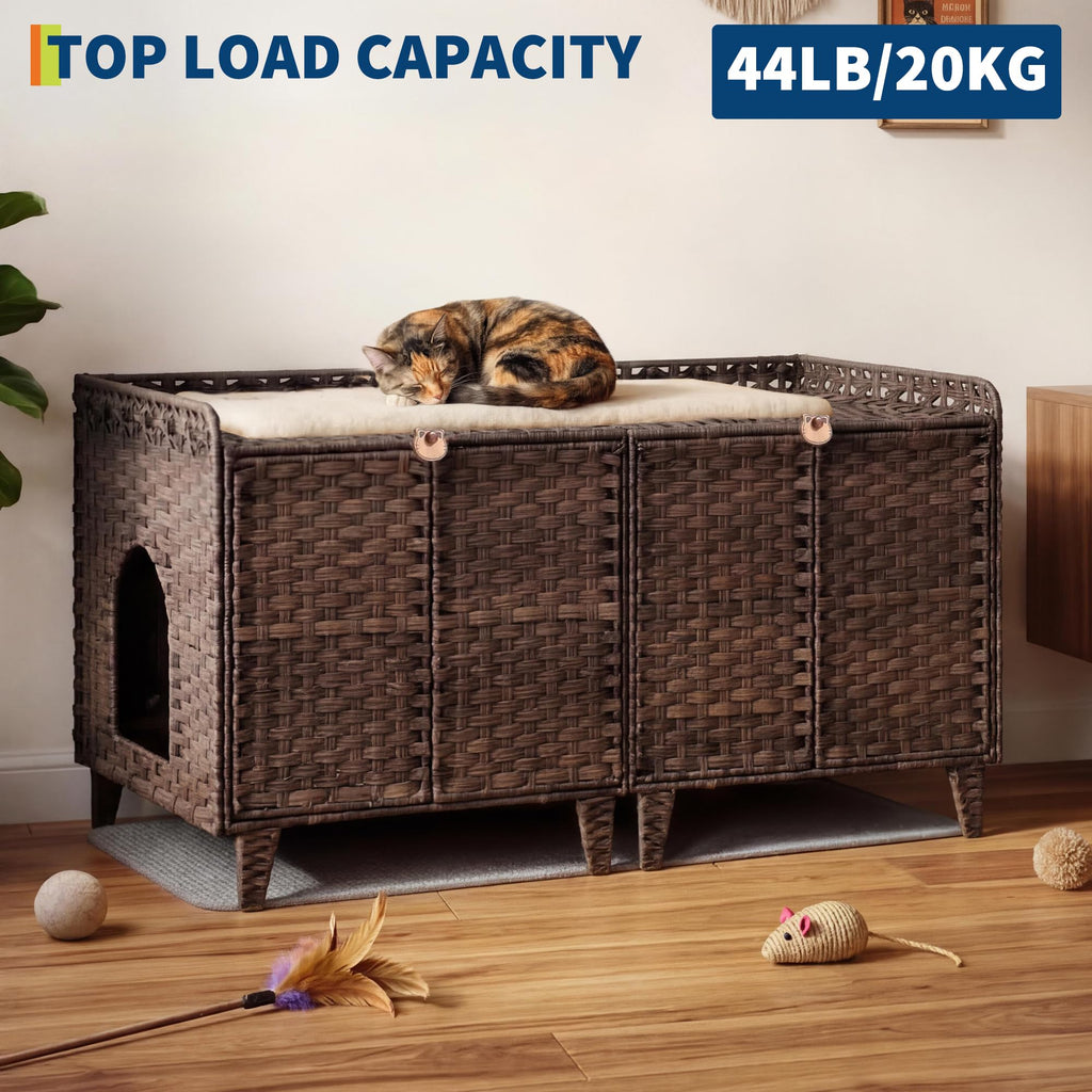 Garvee Cat Litter Box Enclosure Furniture Handwoven Rattan Hidden Cat Washroom Large Space Living Room Bedroom Brown