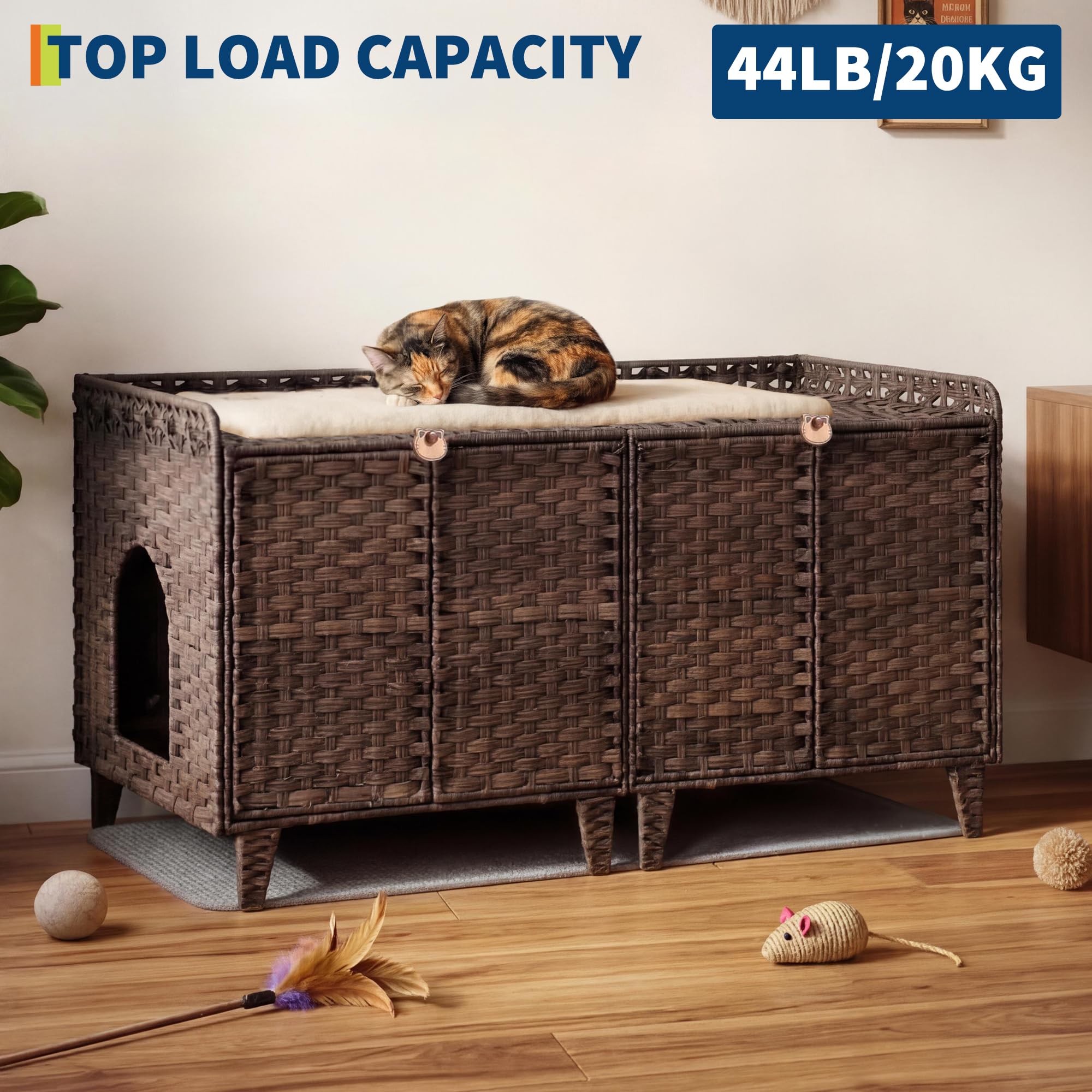 Garvee Cat Litter Box Enclosure Furniture Handwoven Rattan Hidden Cat Washroom Large Space Living Room Bedroom Brown