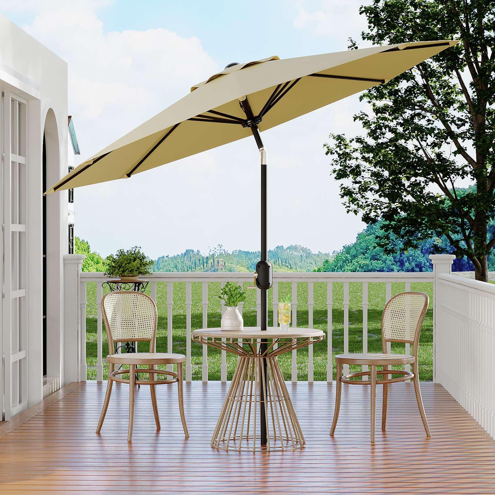 Garvee 9' Outdoor Patio Umbrella, Outdoor Table Umbrella – Market Umbrella with Push Button Tilt, Crank, 8 Ribs, UV Waterproof for Garden, Deck, Pool, Beige