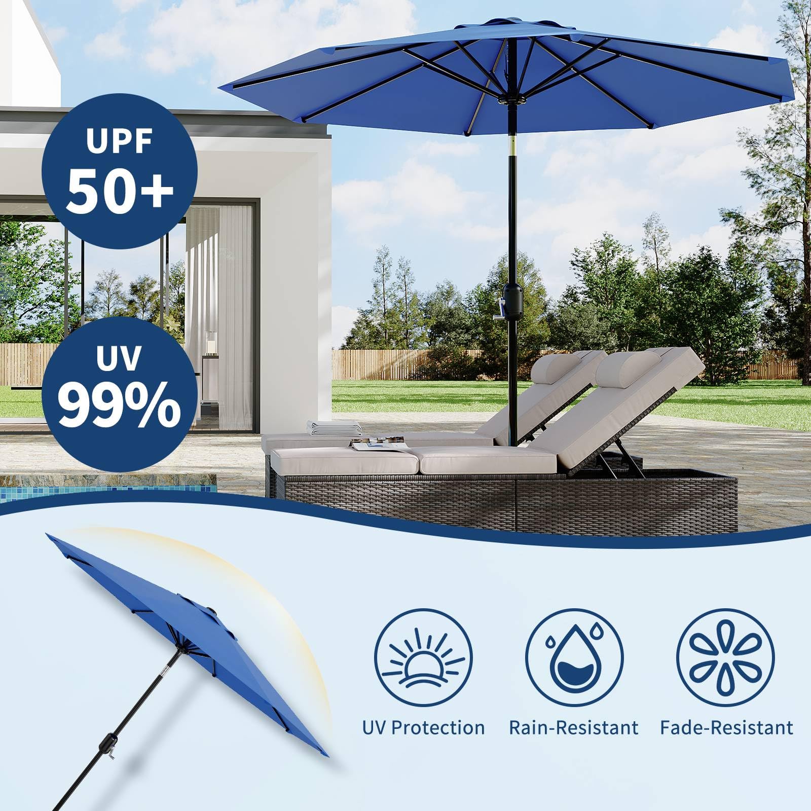 Garvee 9' Outdoor Patio Umbrella, Outdoor Table Umbrella, Market Umbrella with Push Button Tilt and Crank, 8 Sturdy Ribs UV Protection Waterproof for Garden, Deck, Backyard, Pool, Azure Blue
