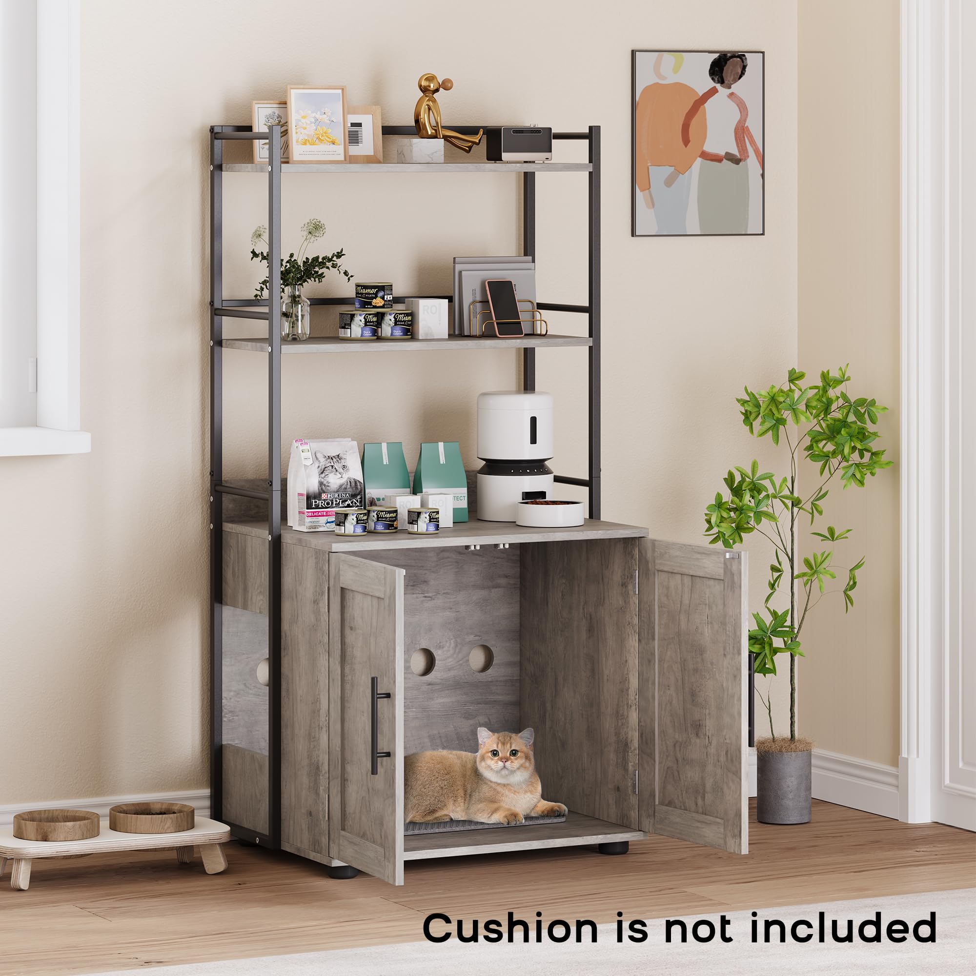 Garvee Cat Litter Box Enclosure + Shelf Storage, 2-in-1 Hidden Cat Washroom Furniture, MDF Panel, Grey, Indoor Use