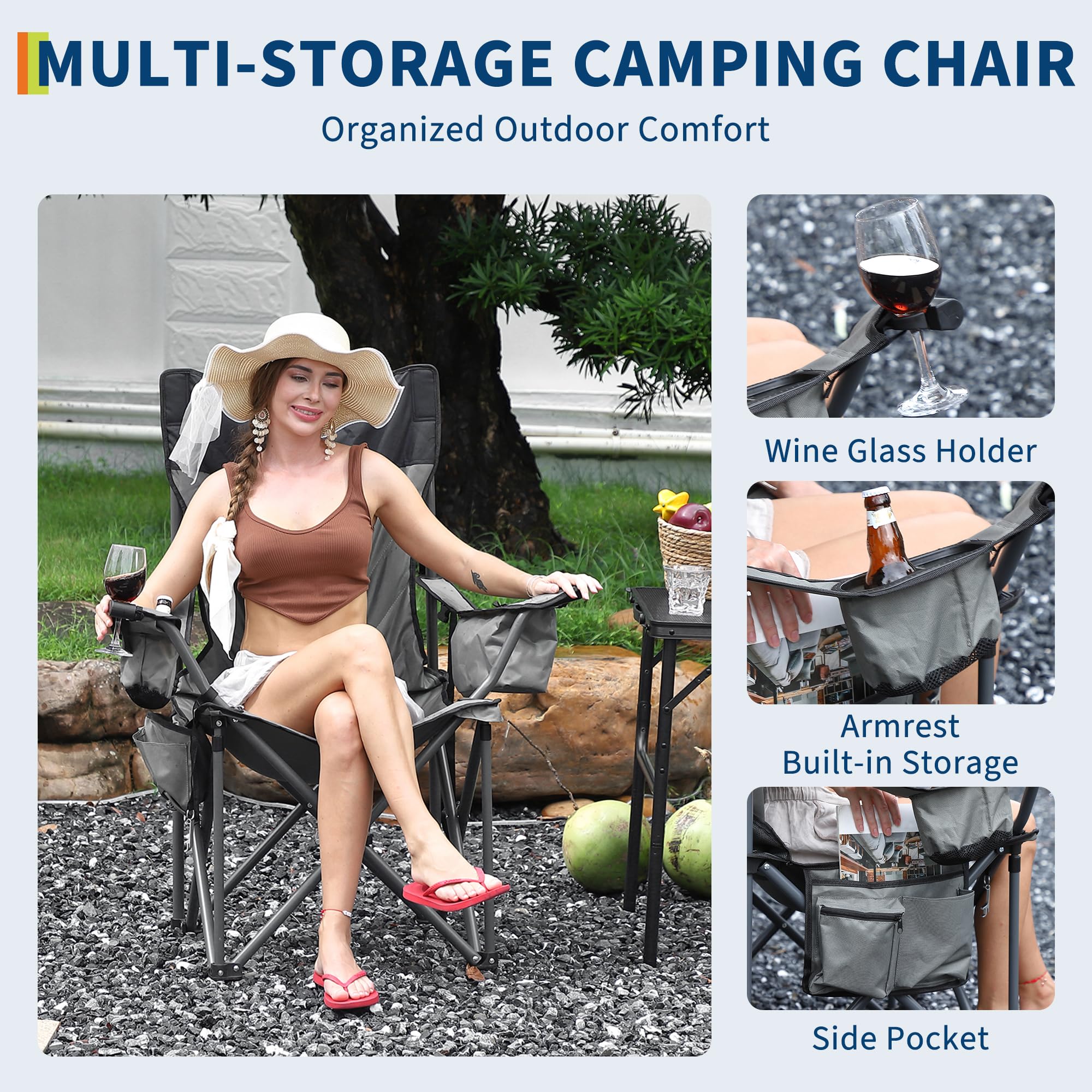 Garvee Heavy Duty Oversized Camping Chair With Cooler Pouch, Quad Lumbar Support, Cup Holder For Adults, 400 LB Capacity, Folding Outdoor Chair