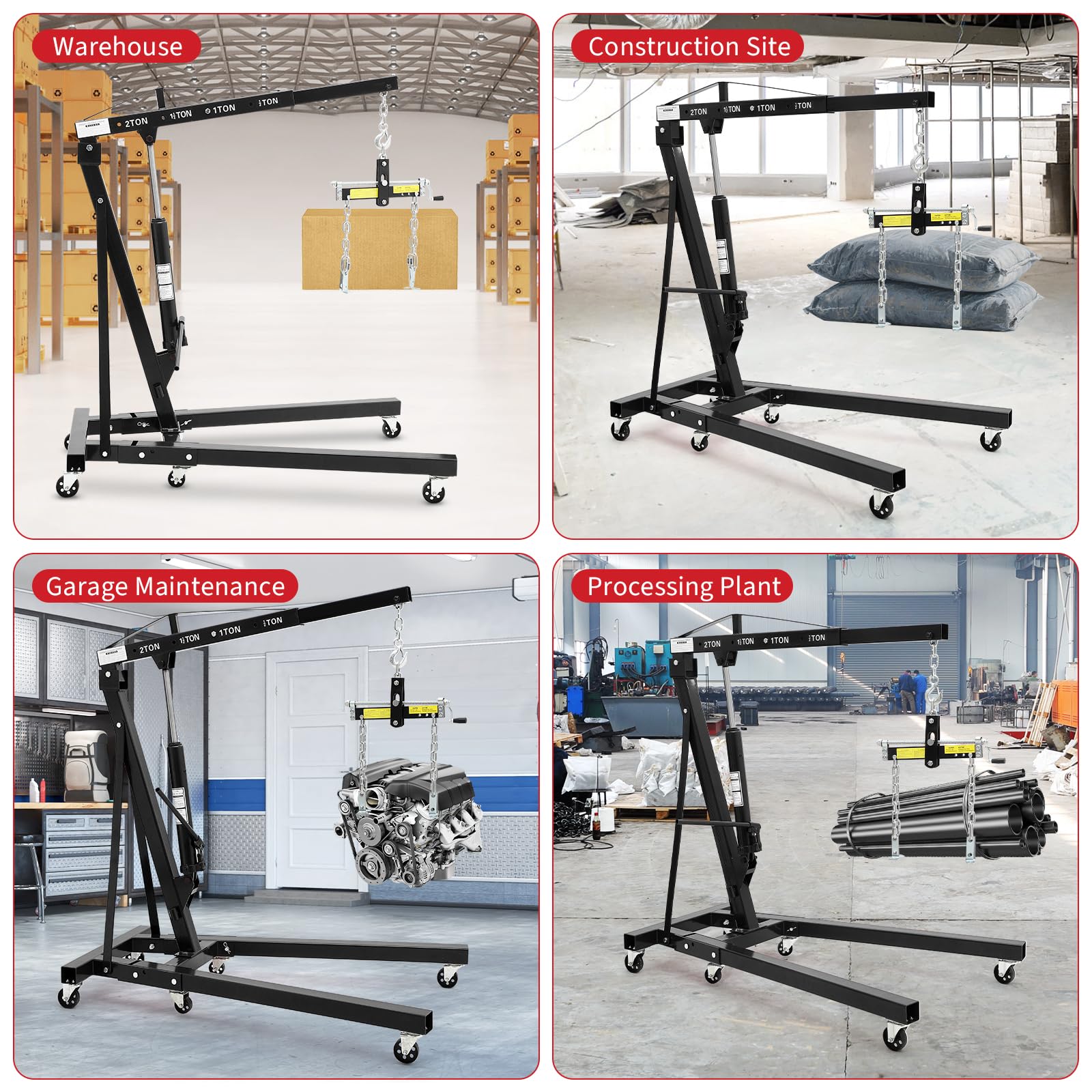 Garvee 2 Ton Folding Hydraulic Engine Hoist with Load Leveler for Garage Workshop Warehouse, 4400 LBS Capacity, Black
