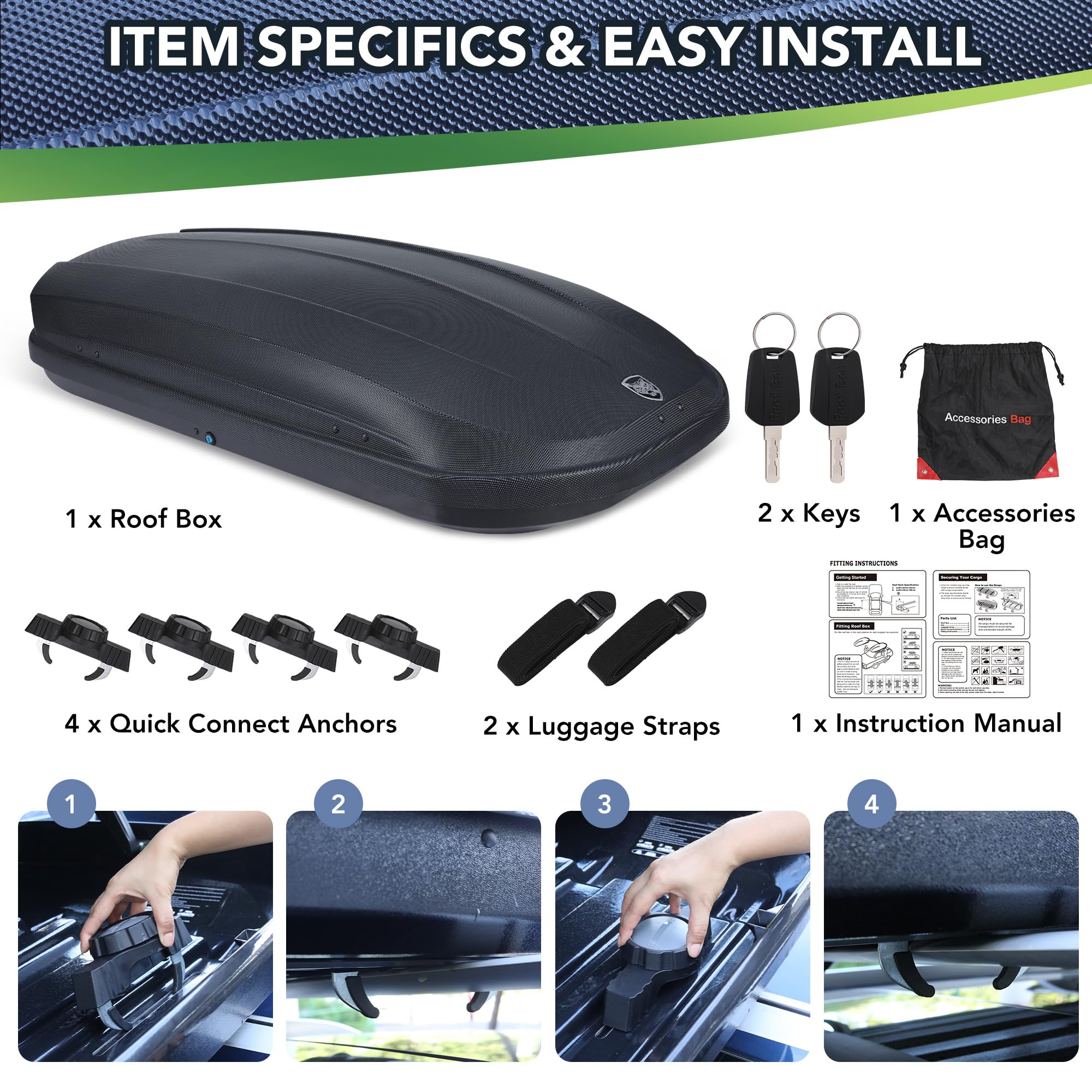 Garvee Rooftop Cargo Box Carrier, 14 Cu Ft Hardshell with Dual-Side Opening, Universal Fit for Cars & SUVs, Black