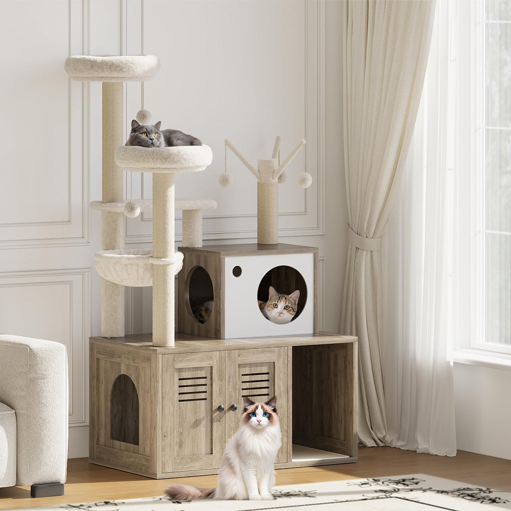 Garvee Cat Tree with Litter Box Enclosure, Sisal Scratching Post, Modern Wooden Cat Tower, Rustic Grey, 31.5''x18.9''