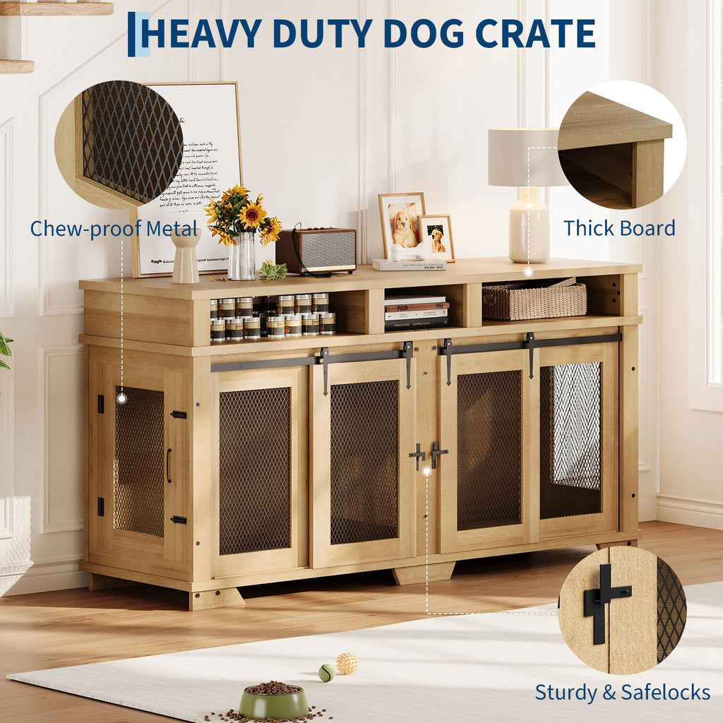 Garvee 71'' Dog Crate Furniture for 2 Dogs, Extra Large Double Dog Kennel, Wooden TV Stand, White/Natural/Brown