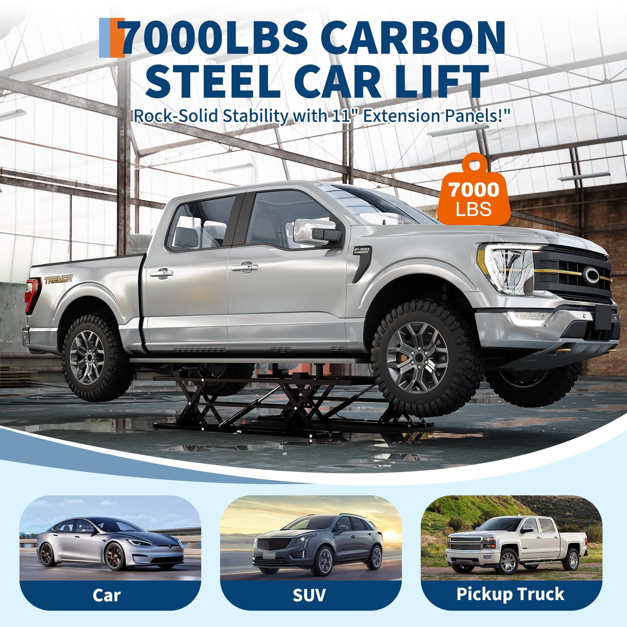 Garvee Portable Car Lift - 7,000 lbs Heavy-Duty Carbon Steel Auto Lift Jack for Trucks and SUVs, Adjustable Height 6.26"-27" with Safety Locks and Extension Plates