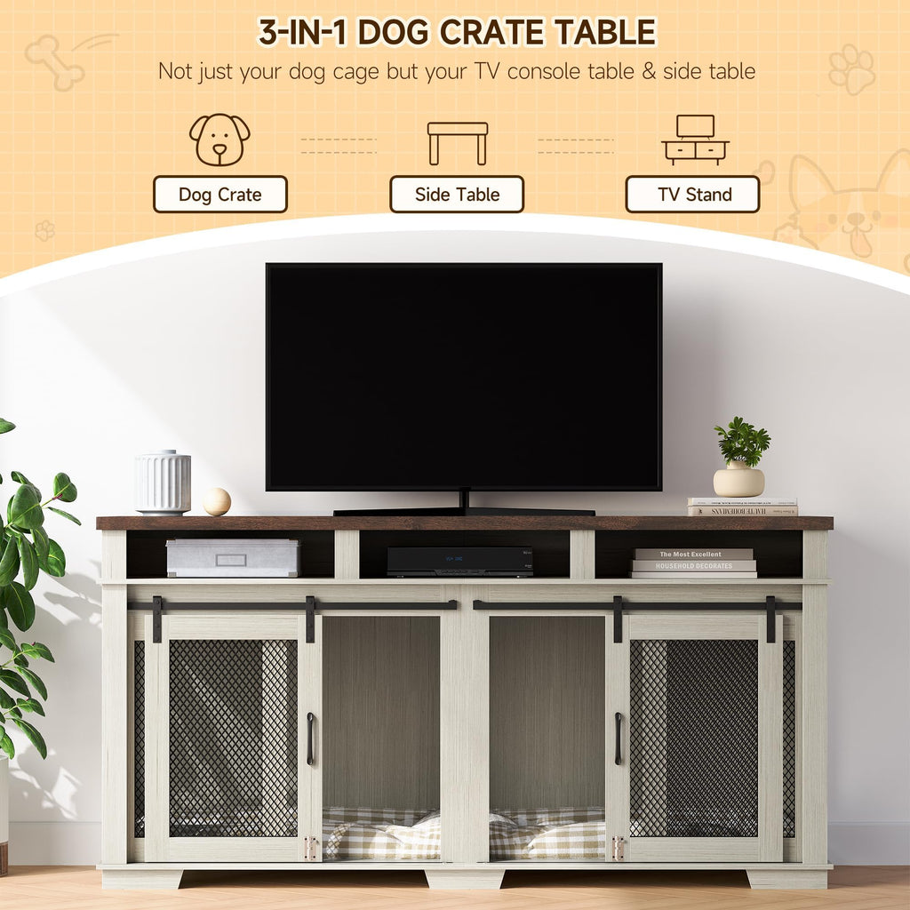 Garvee Dog Crate Furniture for 2 Dogs, 71" Heavy Duty Dog Kennel with 3 Storages and Removable Divider, Furniture Style Indoor Dog Crate Table TV Stand for Large Medium Dogs, White
