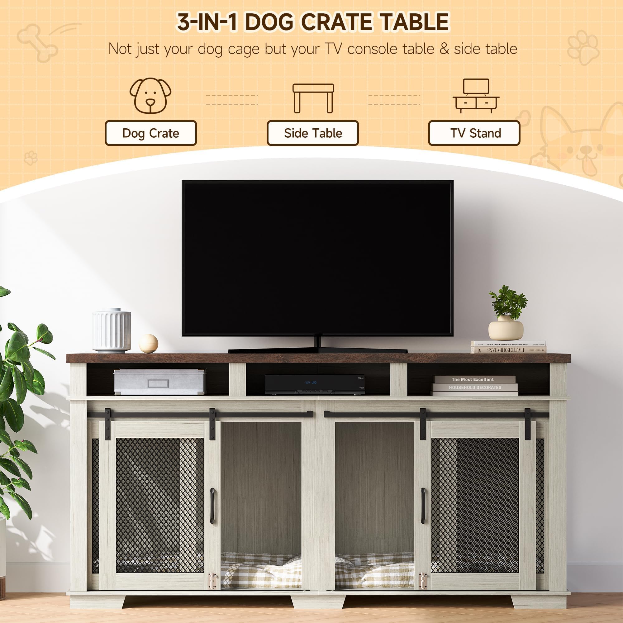Garvee Dog Crate Furniture for 2 Dogs, 71" Heavy Duty Dog Kennel with 3 Storages and Removable Divider, Furniture Style Indoor Dog Crate Table TV Stand for Large Medium Dogs, White