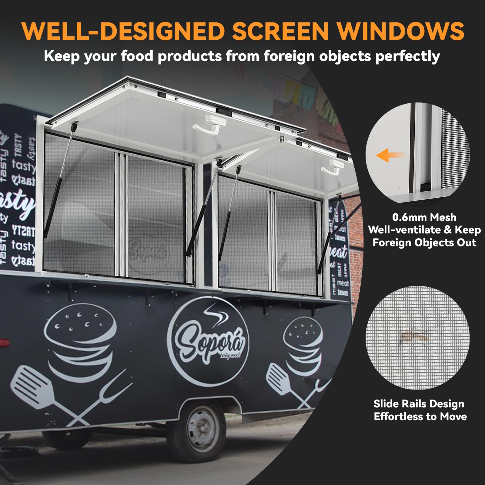 Garvee 36"W x 36"H Concession Window - Aluminum Alloy Food Truck Service Window with Sliding Screens, Awning Door, Hydraulic Lift, and Locking Mechanism for Catering (Glass Not Included)