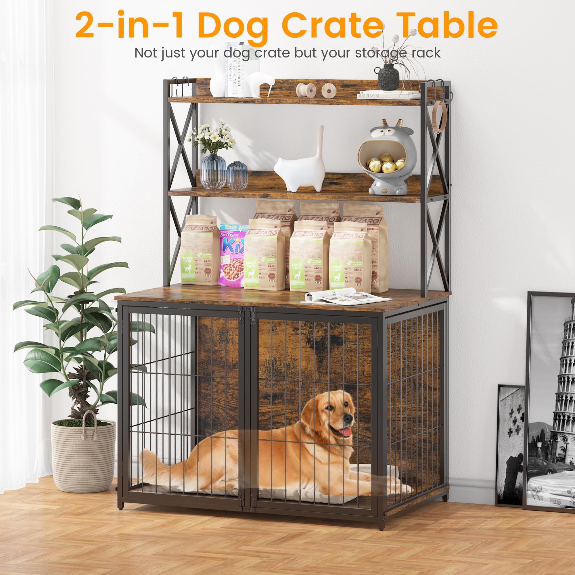 Garvee Dog Crate Furniture Heavy Duty Wooden Pet House With Storage Shelves Indoor Dog Cage 4 Doors Brown Small Medium Dogs