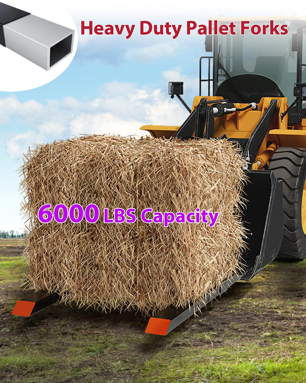Garvee 65” 6000lbs Clamp on Pallet Forks, Heavy Duty Clamp on Pallet Forks with Adjustable Stabilizer Bar, Quick Attach Tractor Forks for Tractor Bucket, Skid steer, Loader Bucket