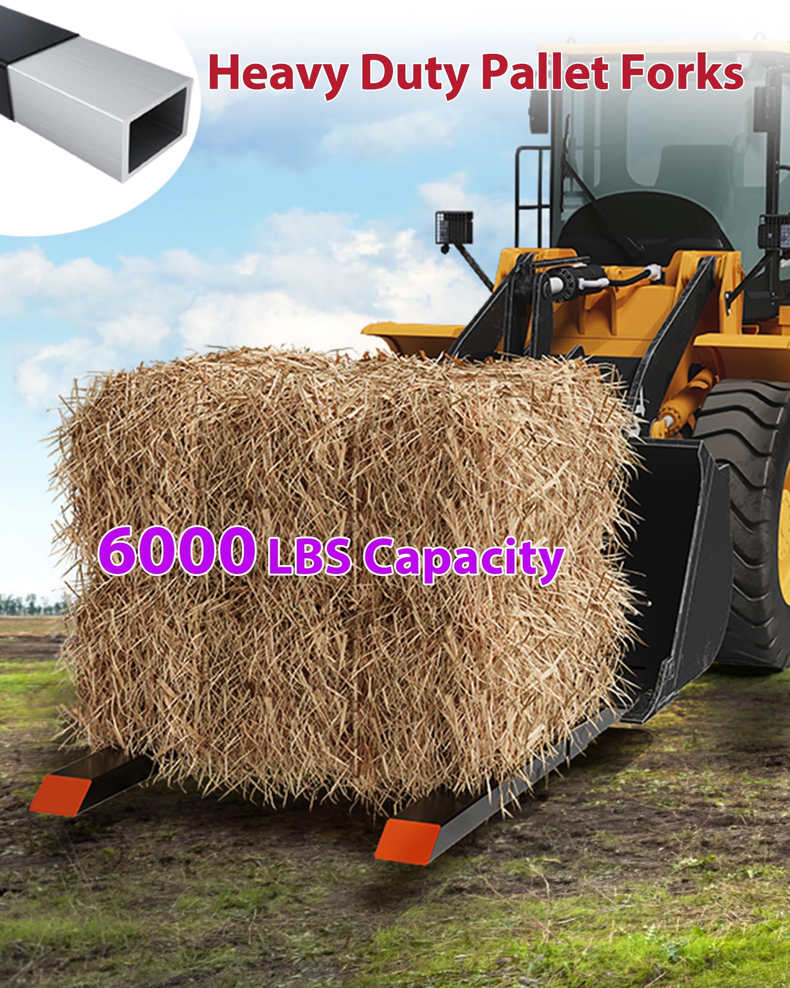 Garvee 65” 6000lbs Clamp on Pallet Forks, Heavy Duty Clamp on Pallet Forks with Adjustable Stabilizer Bar, Quick Attach Tractor Forks for Tractor Bucket, Skid steer, Loader Bucket