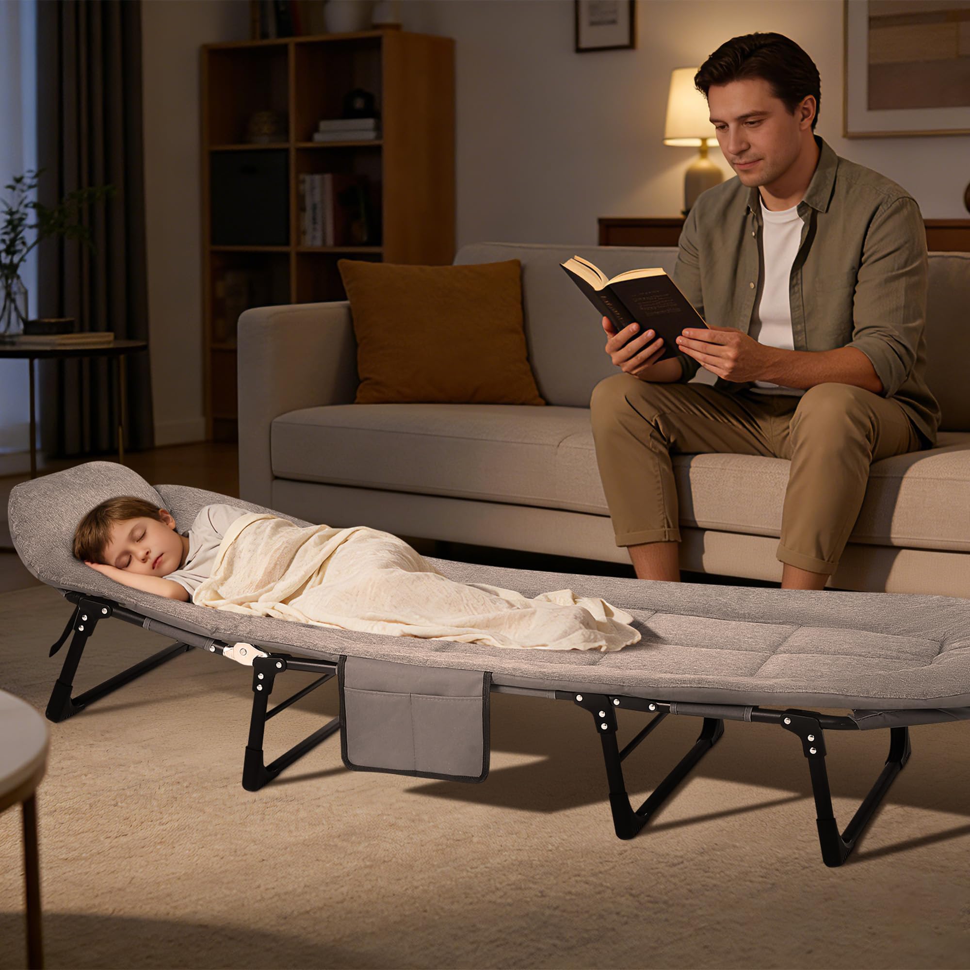 Garvee 75" Portable Folding Bed with Cushion and Pillow, Camping Cot for Adults, Lightweight, Grey, 500 Lbs Support