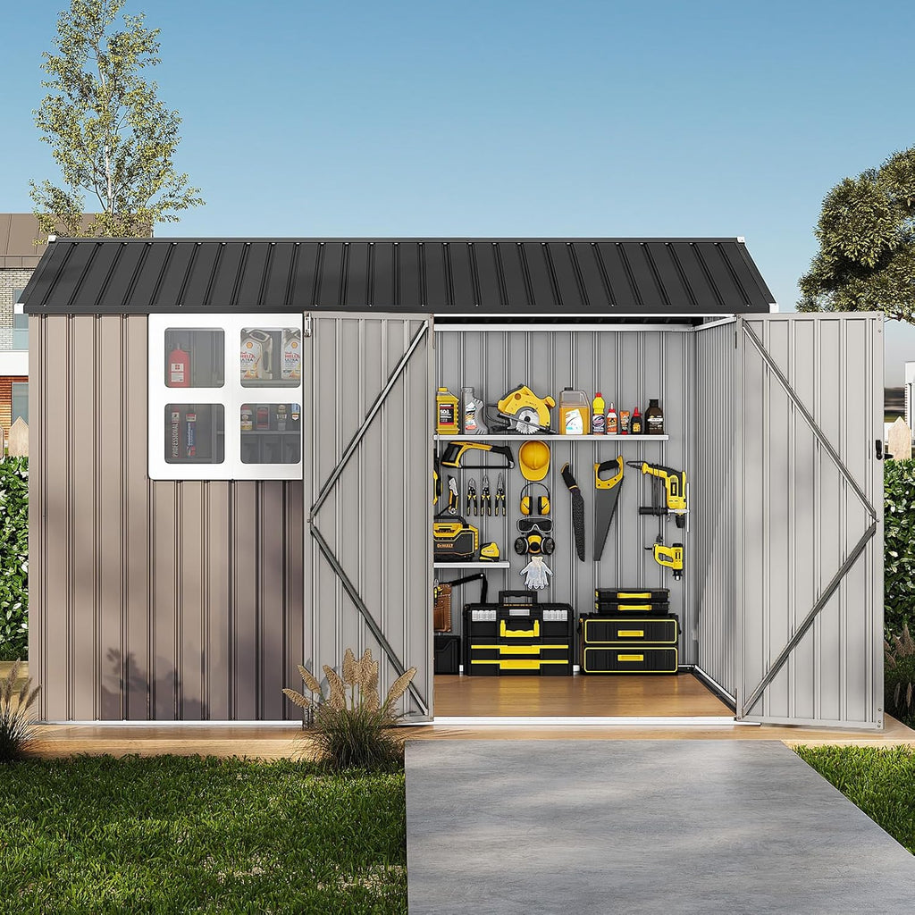 Garvee 6x8 ft Metal Storage Shed Heavy-Duty Galvanized Steel Lockable Door Sloped Roof Windows Backyard Garden Patio