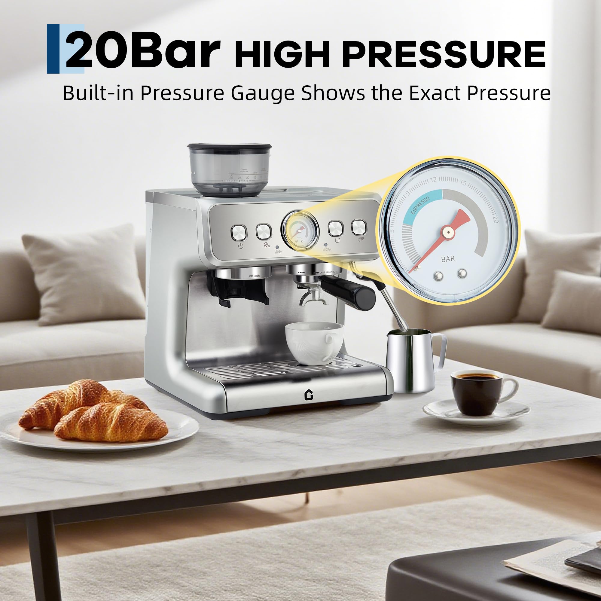 Garvee All-in-One Espresso 20-Bar Stainless Steel Espresso Machine with Grinder - Milk Frother, 2.8L Removable Water Tank, Perfect for Home and Office, Silver