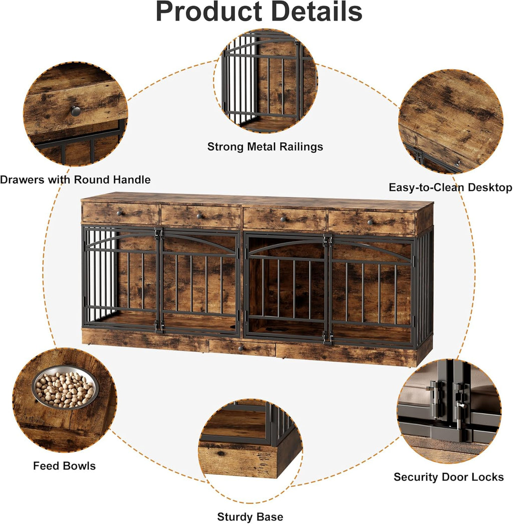 Garvee 78.7" Double Dog Crate Furniture with Storage and 4 Doors, Dog Kennel Indoor with Feeding Bowls, Wood Dog Crate TV Stand for Small Medium Dogs, Brown