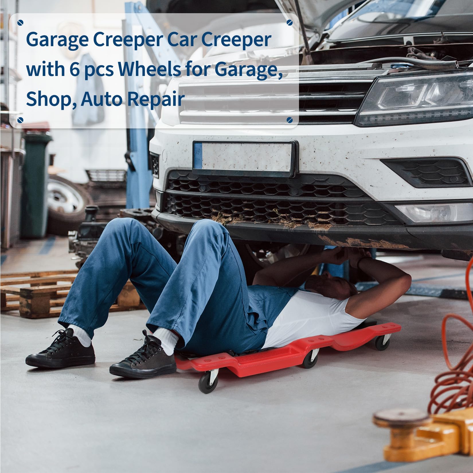 Garvee 40" Plastic Rolling Automotive Garage Shop Creeper with Padded Headrest Dual Tool Trays 40in Black