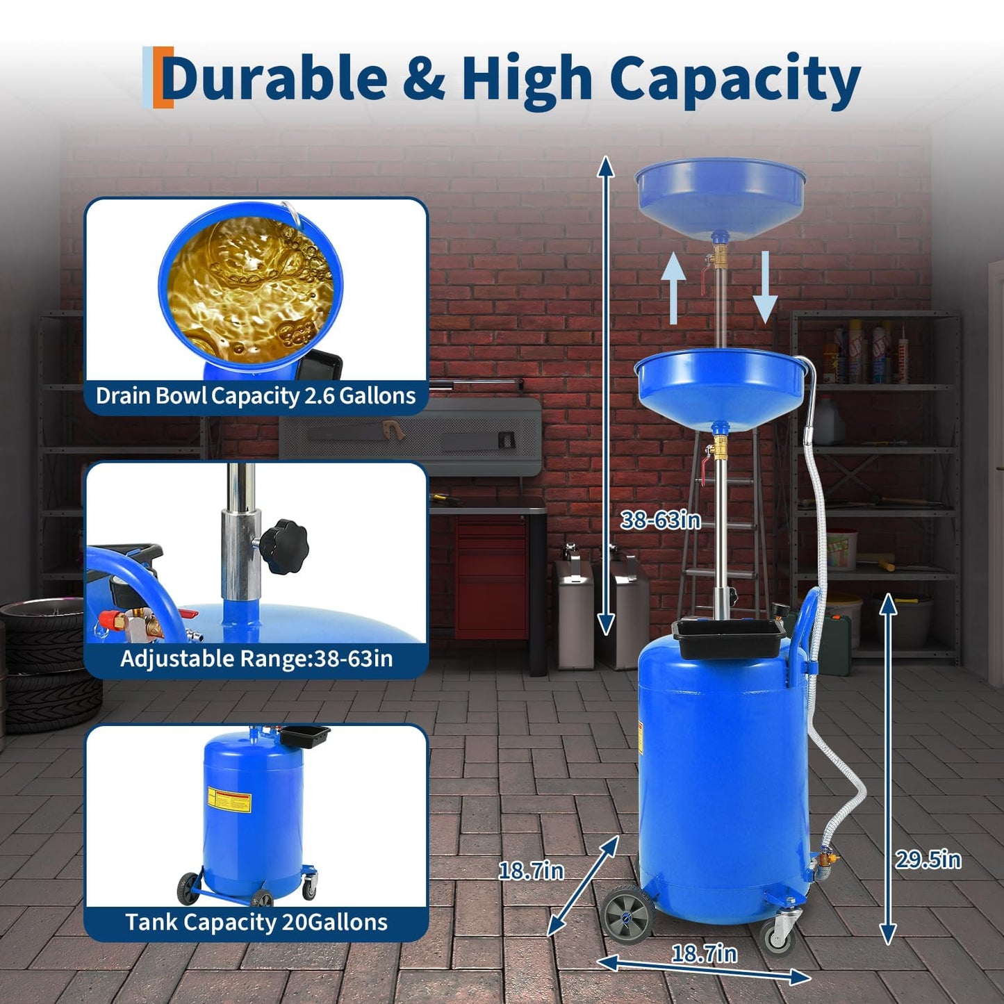 Garvee 20 Gallon Oil Drain Container Tank with 15 in Funnel, Adjustable Height 28"-62", Heavy-Duty Rust-Proof 360° Swivel Wheels, Built-in Toolbox for Garage & Auto Shop, Blue