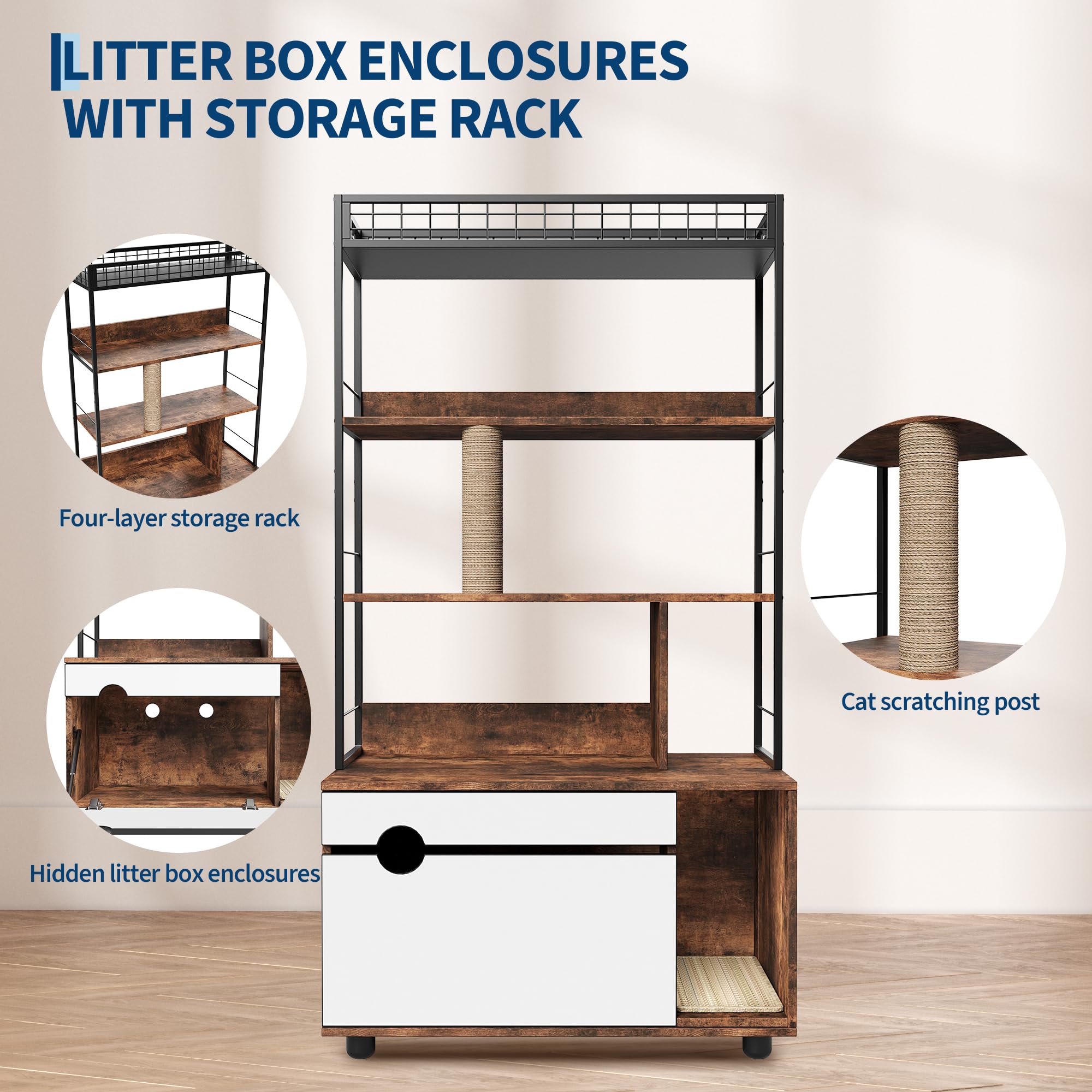 Garvee Hidden Litter Box Enclosure with Storage Rack & Cat Scratching Post Wood & Metal 2-in-1 Pets Furniture with Shelf Corridor Cushioned Mat
