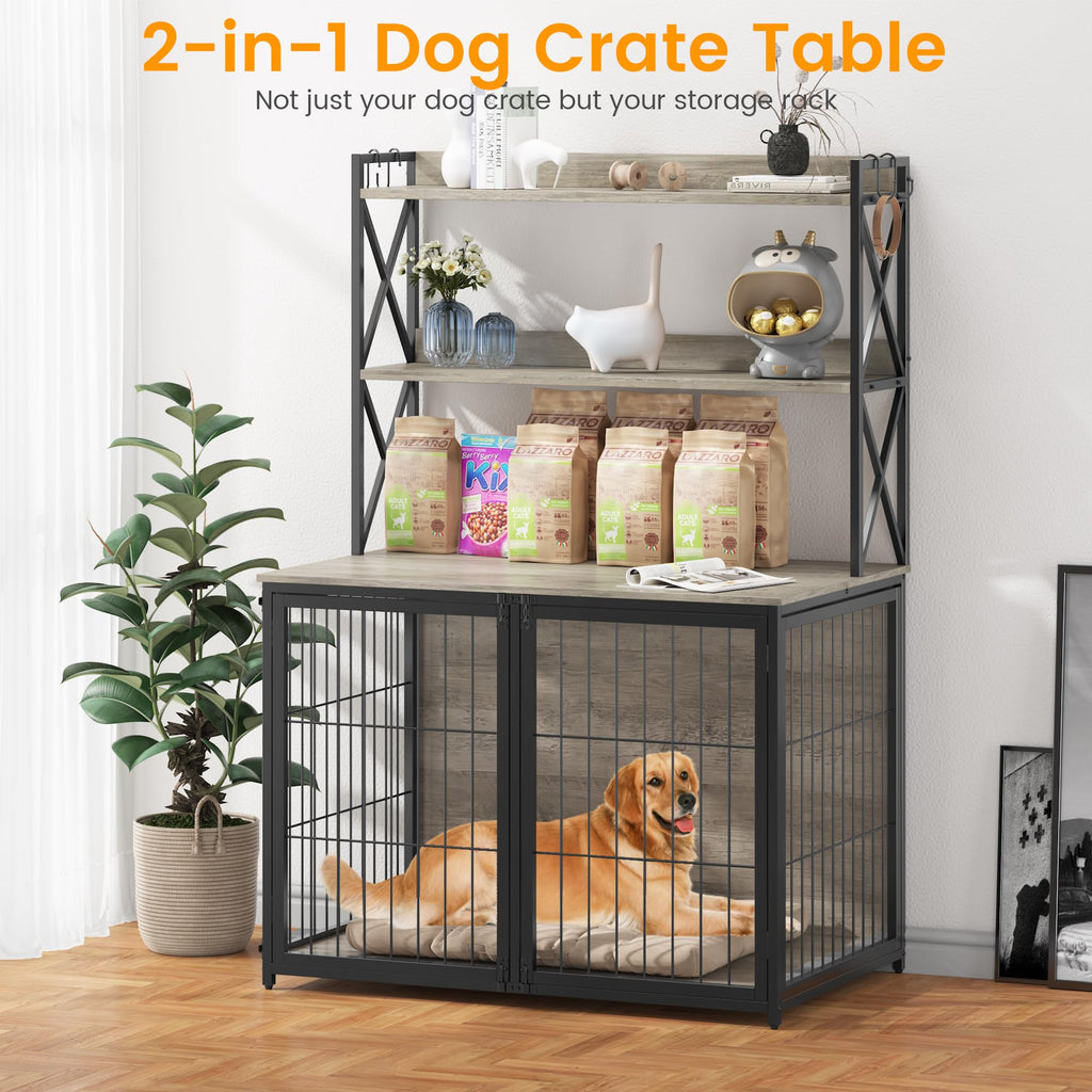 Garvee Wooden Dog Crate Furniture End Table with Flip Top and Movable Divider, 42.5 Inch Dog Cage with Storage Shelves, Large Dog Kennel Indoor Furniture with 3 Doors, Grey
