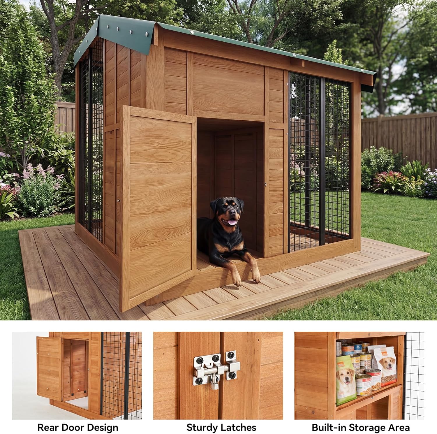 Garvee Large Outdoor Cedar Wood Dog House, Weatherproof Dog Kennel with Roof, Rear Door, Secure Lock & Built-in Storage Outdoor Safe Pet Shelter for Medium to Large Dogs, Wood