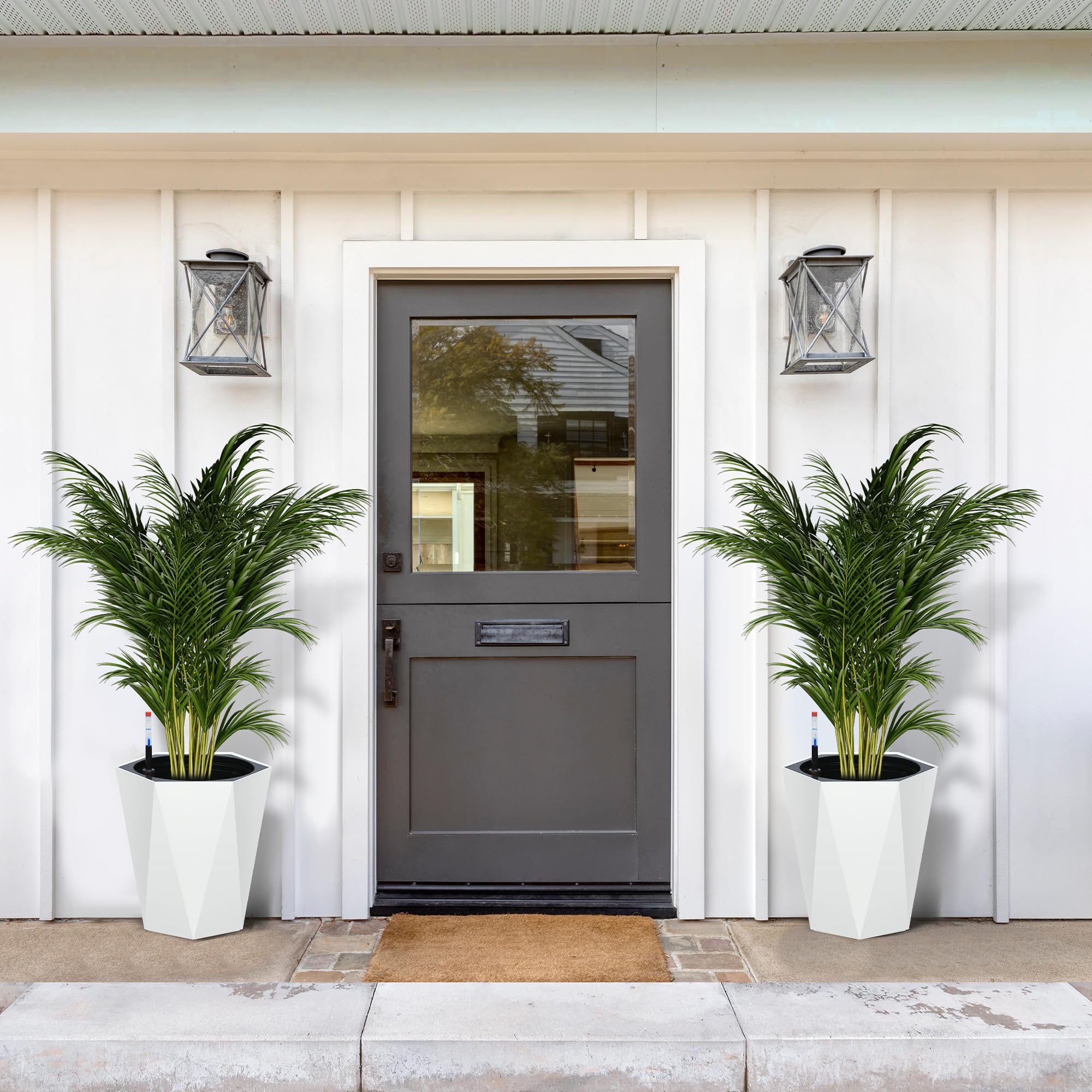 Garvee 16 Inch Tall Diamond Planters Set of 2, Self Watering Planters with Water Level Monitor and Wheels, Flower Pots Outdoor and Indoor for Patio, Porch, Living Room, Home Office, White