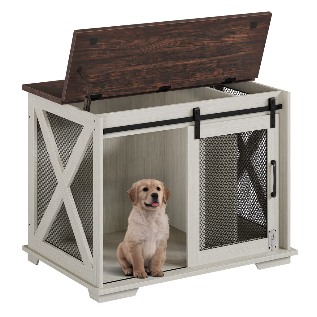 Garvee 37'' Dog Crate Furniture Side End Table with Flip Top and Movable Divider, Wooden Dog Crate Table Large, Style Dog Kennel Side End Table - White
