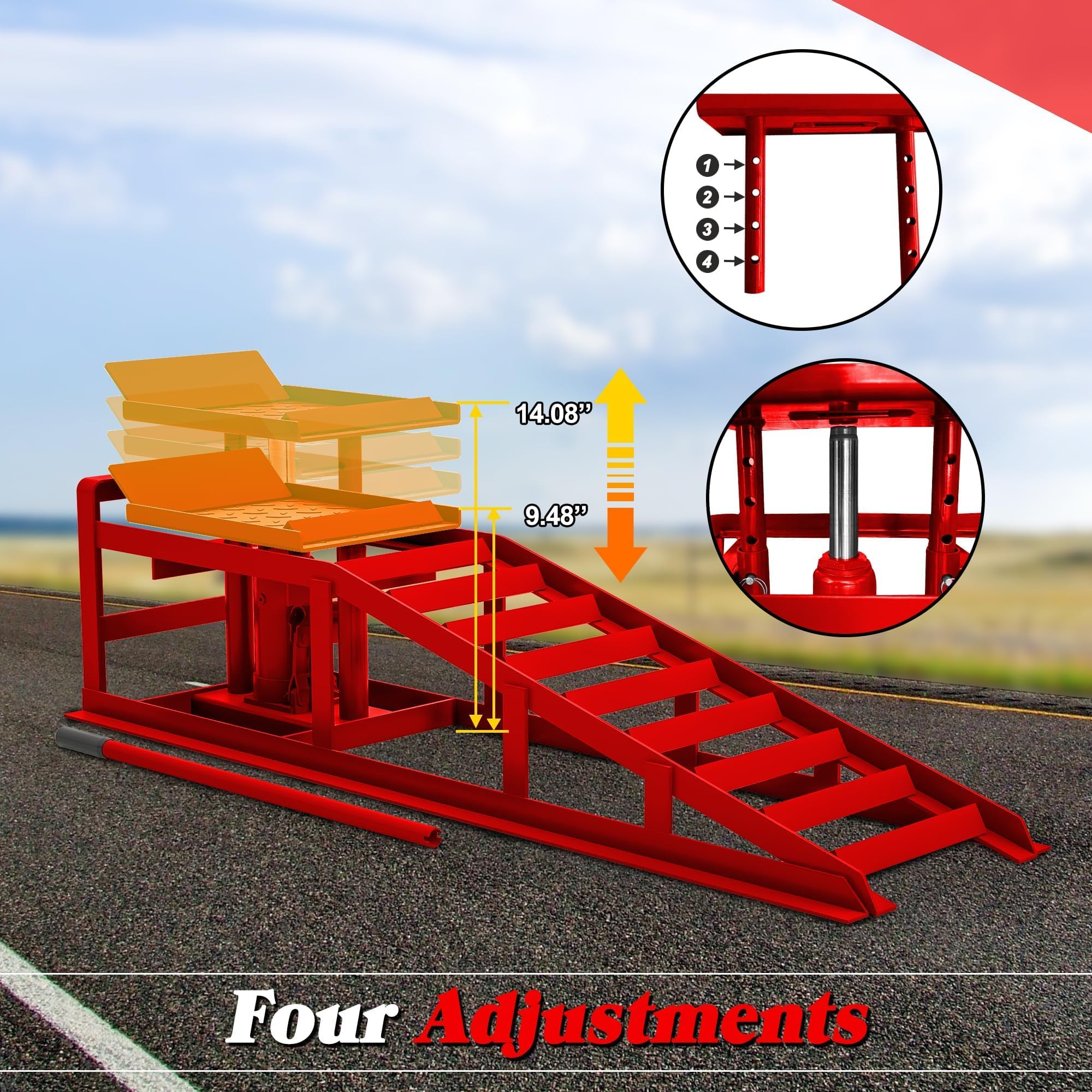 Garvee 2 Pack Hydraulic Car Ramps 5T 10000lbs Low Profile Car Lift Service Ramps Truck Trailer Garage Height Adjustable, Red