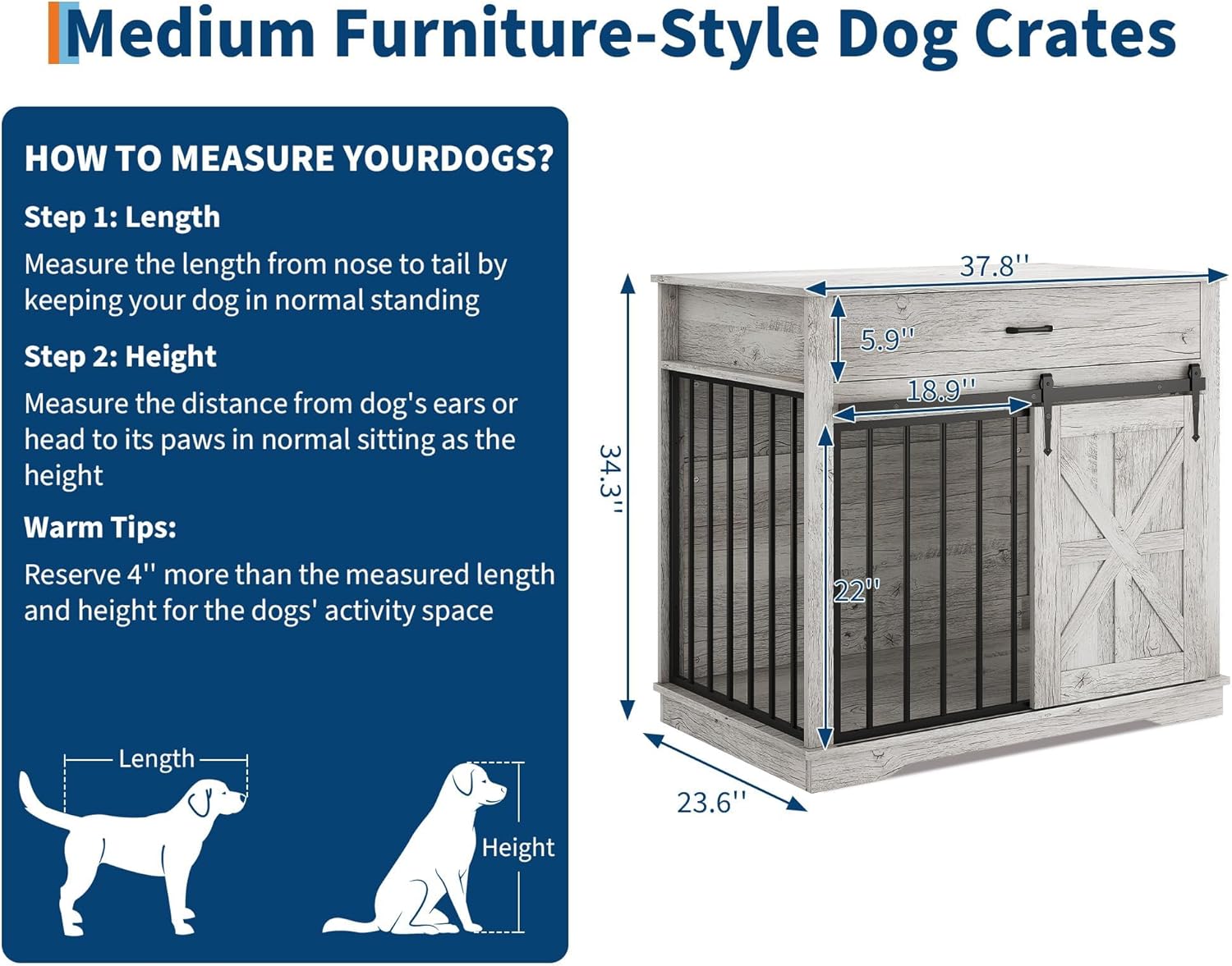 Garvee 37.8"W Dog Crate Furniture for Small/Medium Dogs, 2-in-1 Iron-Wood Fusion Dog Cage Indoor As Side End Table, Farmhouse Dogs Kennel with Sliding Barn Doors & Storage Drawer, Gray